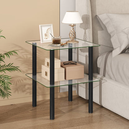 Square End Table with Tempered Glass Top and Shelf