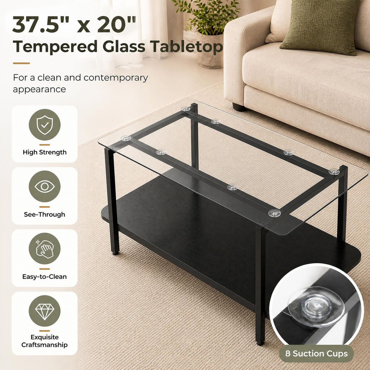 2-Tier Tempered Glass Coffee Table with Storage Shelf-Black