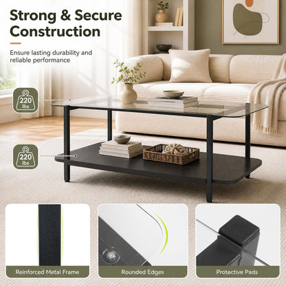 2-Tier Tempered Glass Coffee Table with Storage Shelf-Black