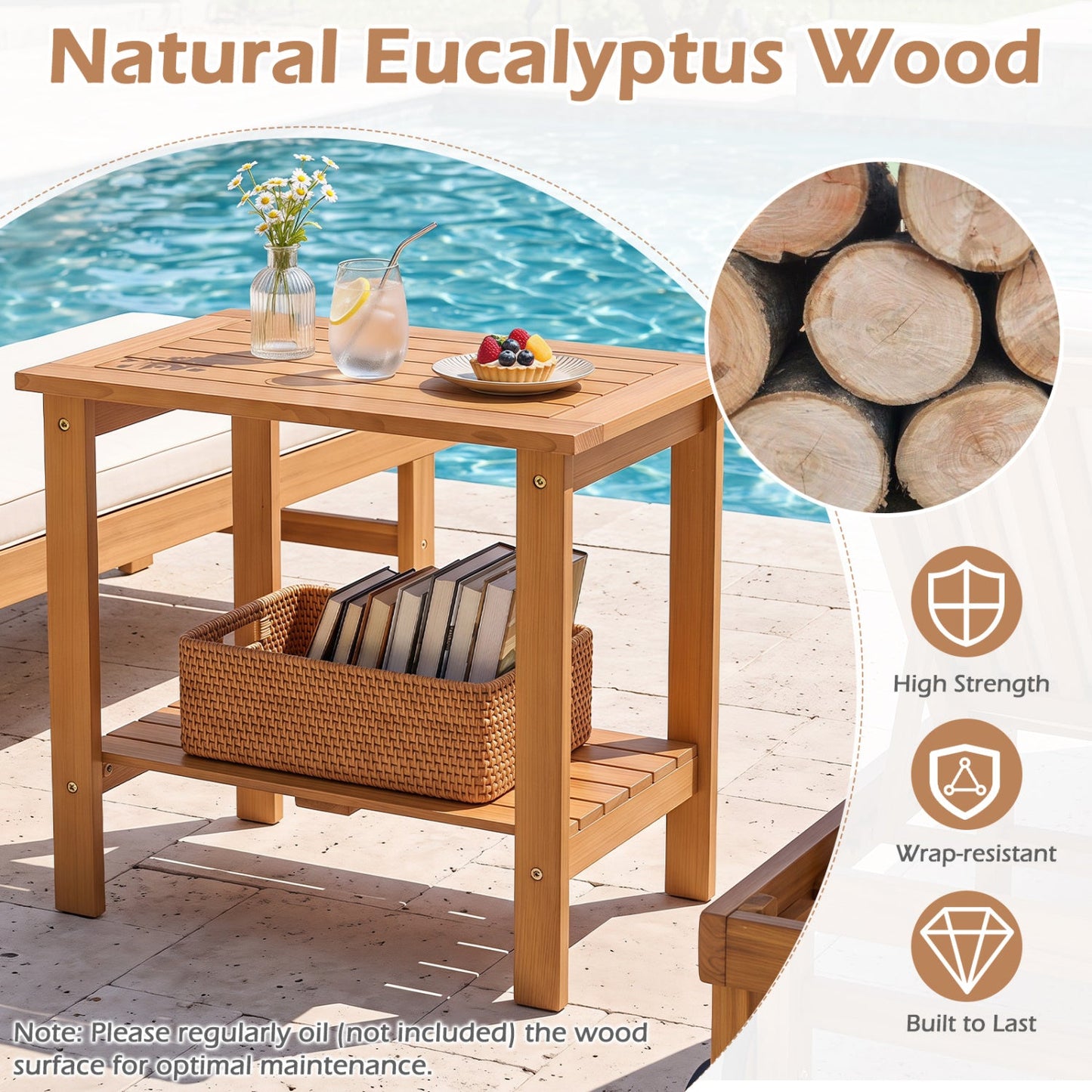 2-Tier Eucalyptus Wood Patio End Table with Storage Shelf