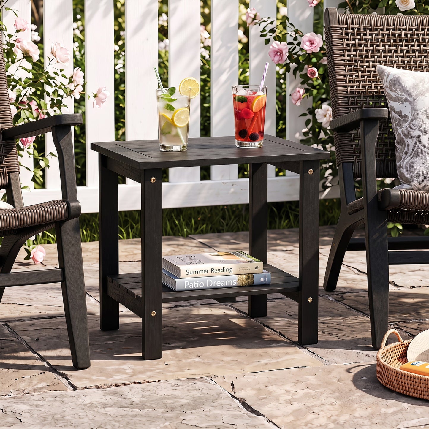 2-Tier Eucalyptus Wood Patio End Table with Storage Shelf