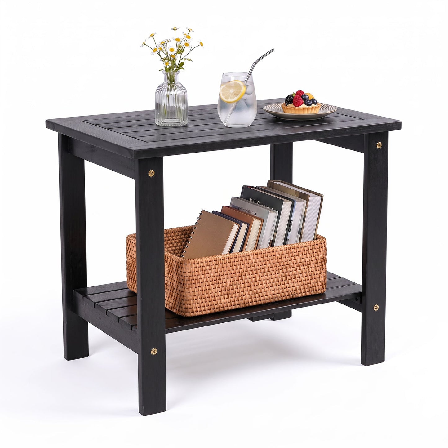2-Tier Eucalyptus Wood Patio End Table with Storage Shelf