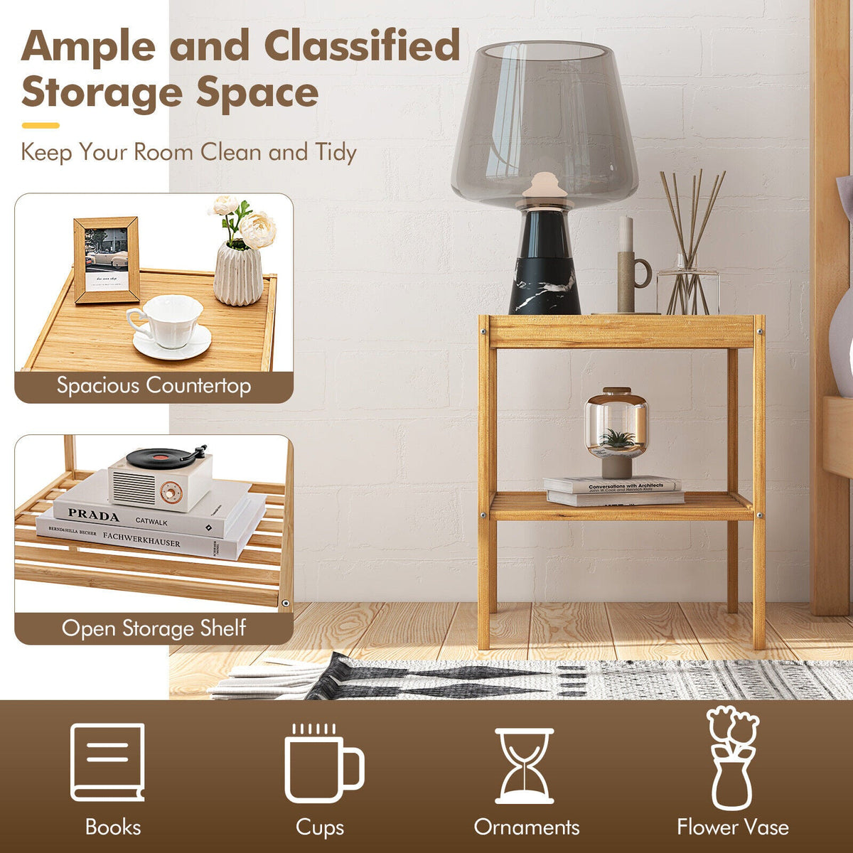 2 Pieces 2 Tiers Bamboo Nightstand for Living Room Bedroom-Natural