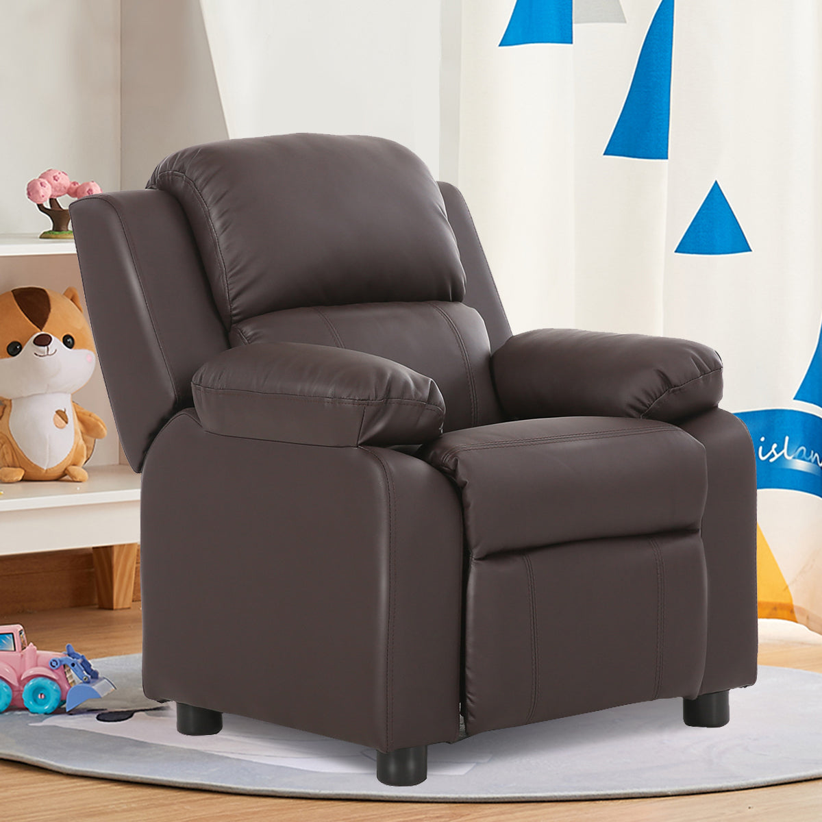 Kids Recliner Armchair with Storage Arms and Headrest