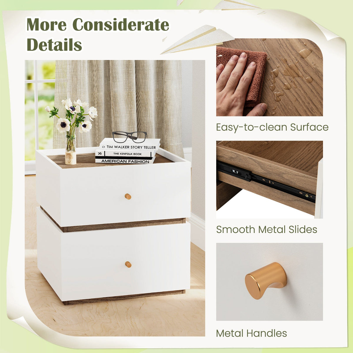 2-Drawer Modern Nightstand with Storage for Living Room Bedroom