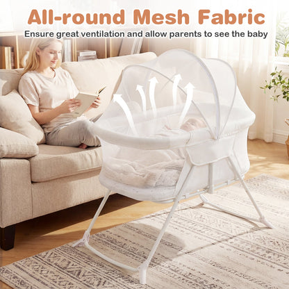 2 in 1 Baby Bassinet with Rocking Motion Foldable Bedside Sleeper with Breathable Mesh