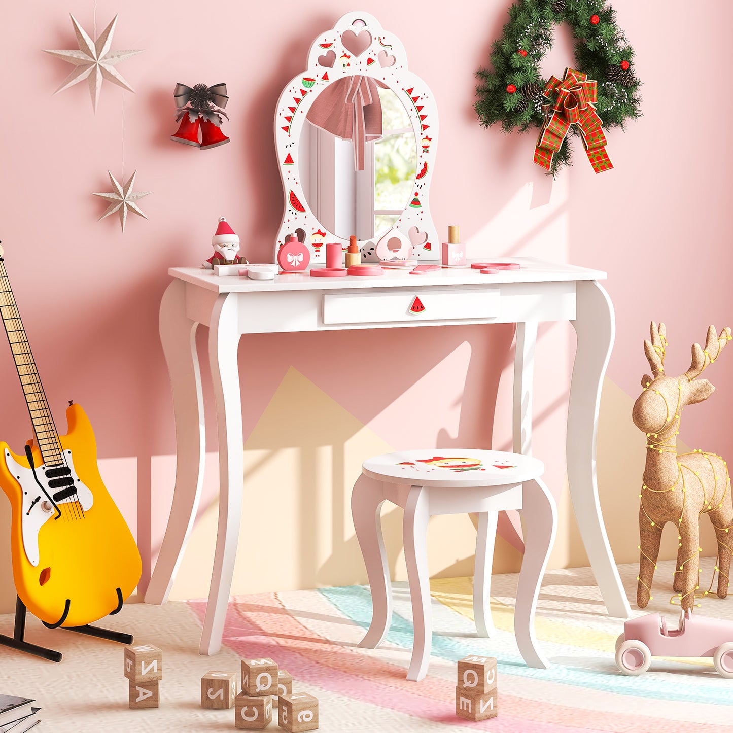 Kids Vanity Table Set with Removable Mirror and Stool