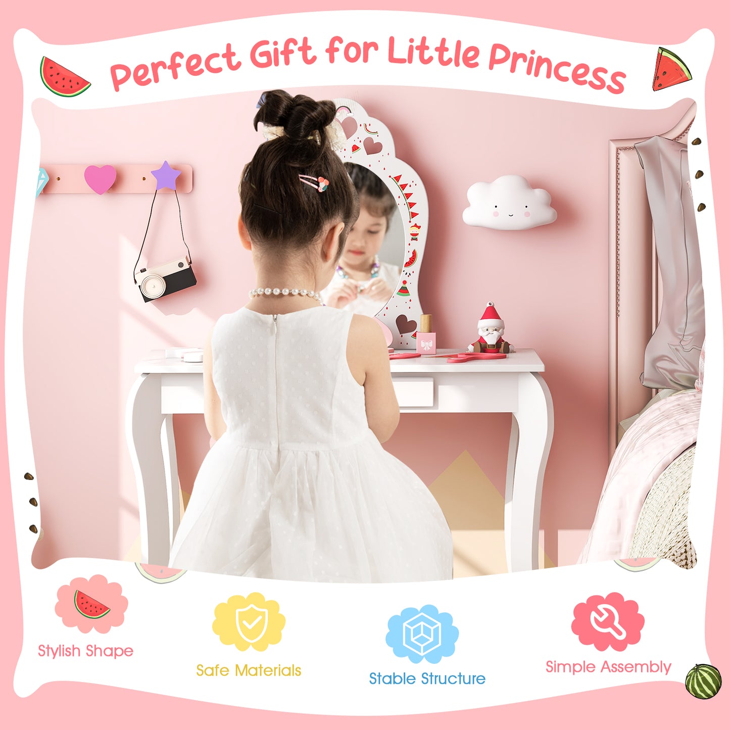 Kids Vanity Table Set with Removable Mirror and Stool