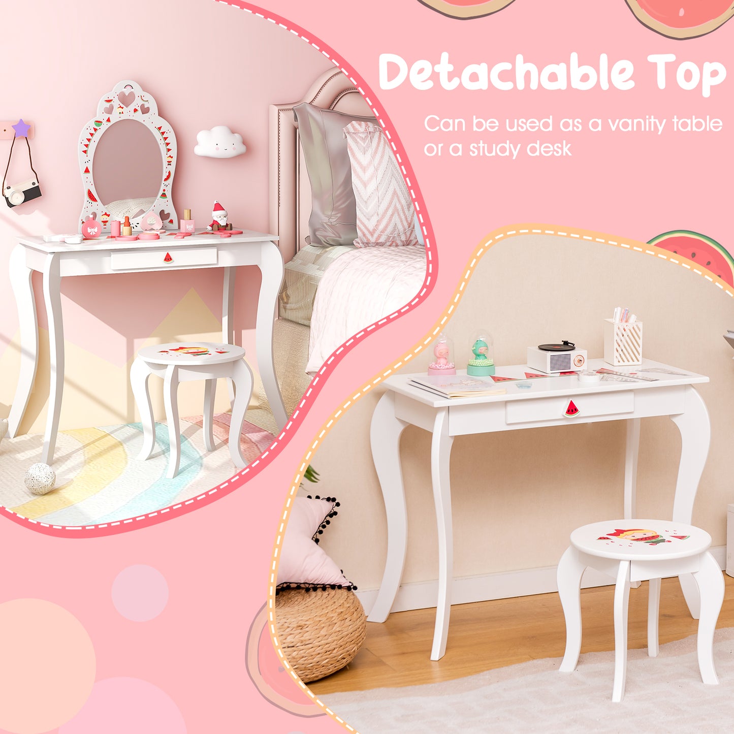Kids Vanity Table Set with Removable Mirror and Stool