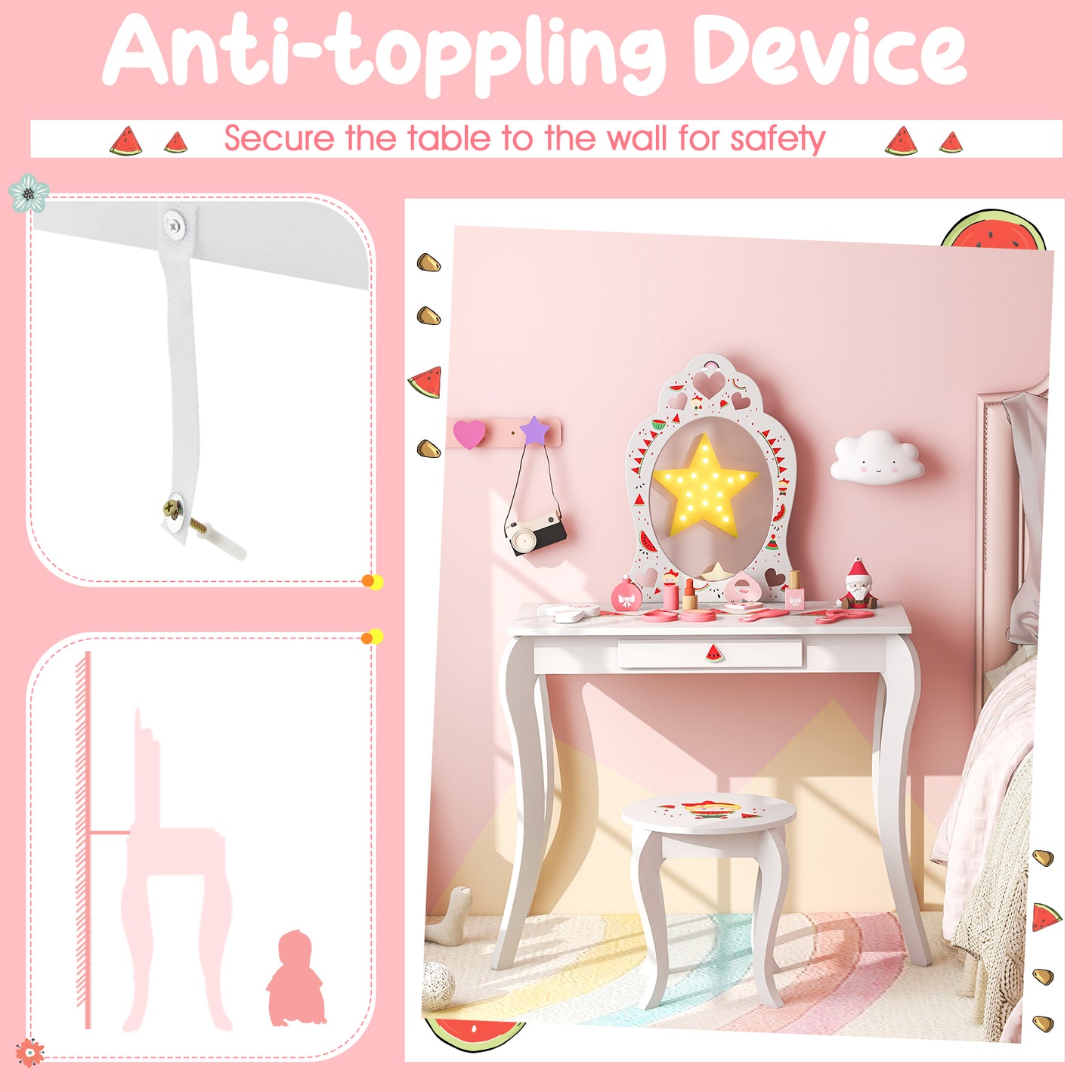 Kids Vanity Table Set with Removable Mirror and Stool