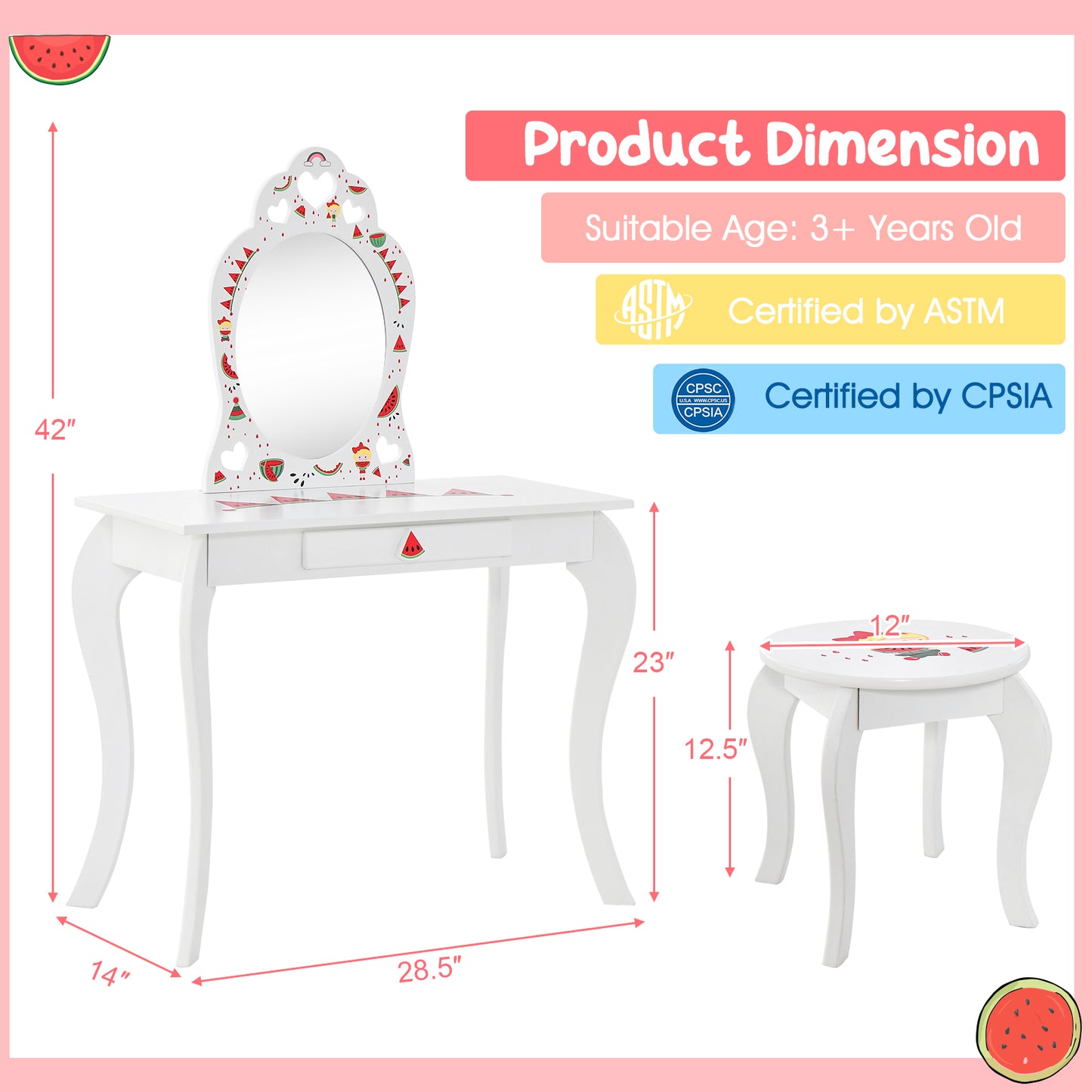 Kids Vanity Table Set with Removable Mirror and Stool