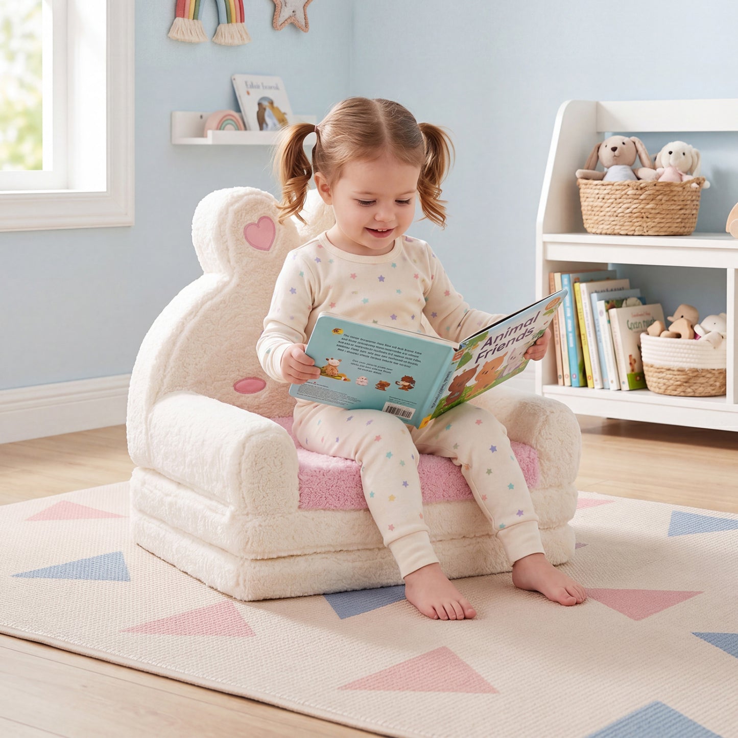 Convertible Kids Sofa to Lounger with Bunny Pattern - Pink