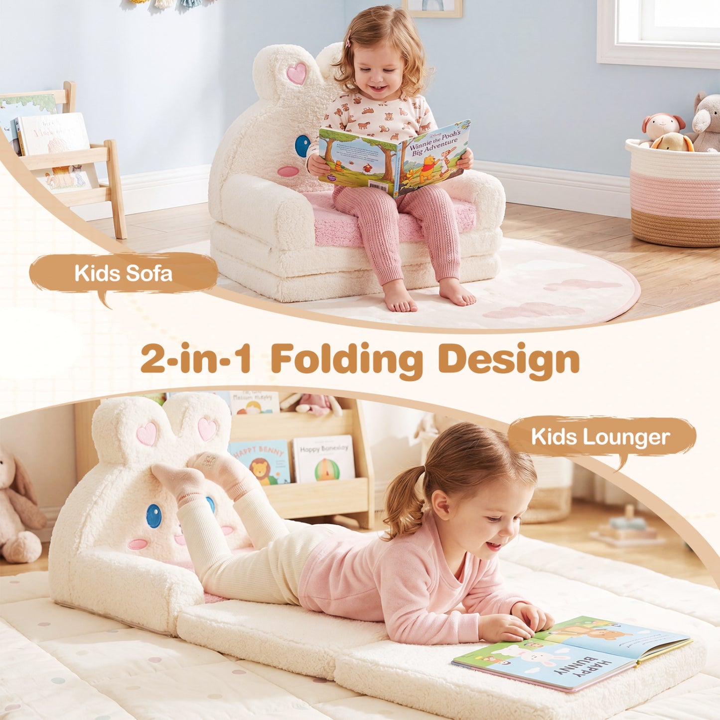 Convertible Kids Sofa to Lounger with Bunny Pattern - Pink