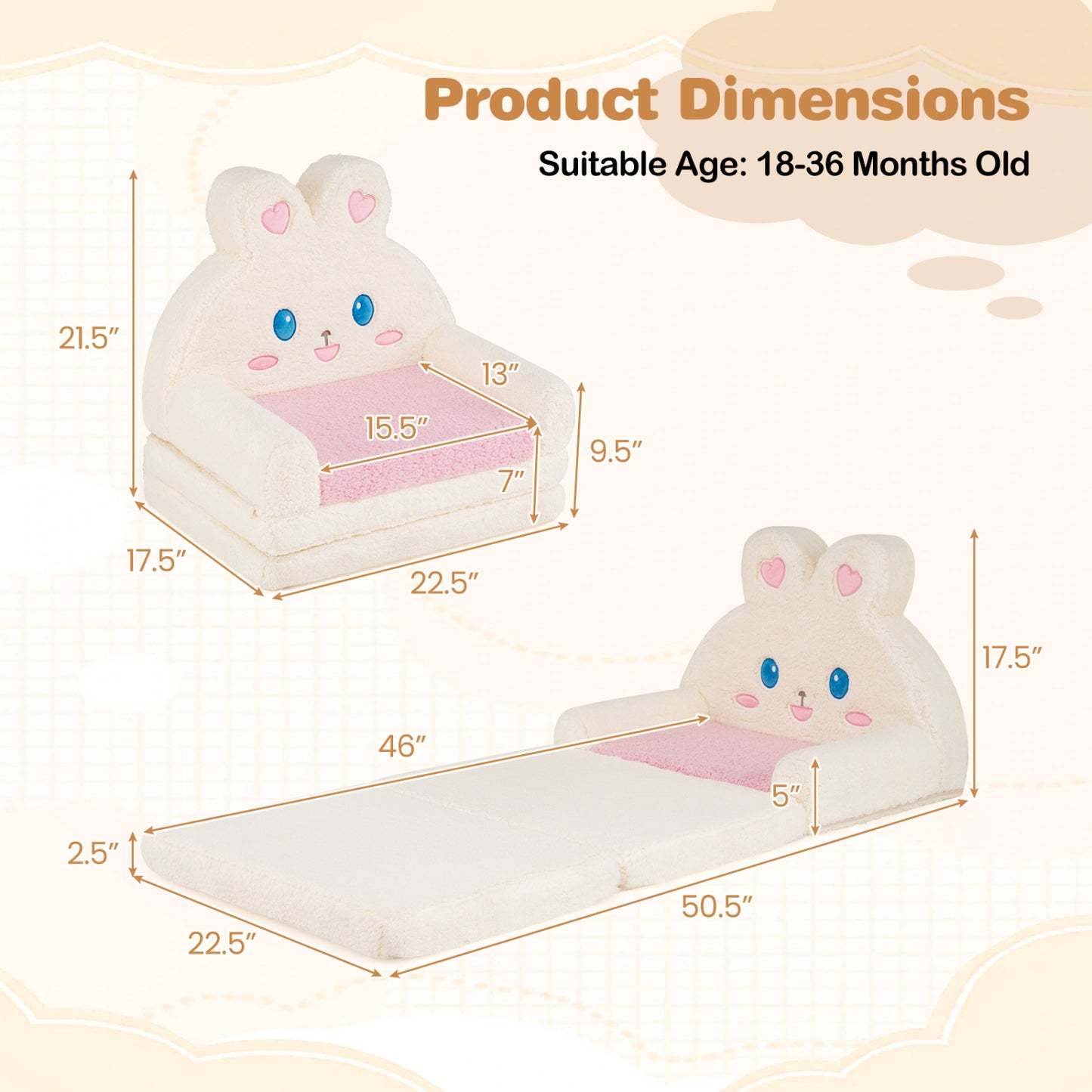 Convertible Kids Sofa to Lounger with Bunny Pattern - Pink