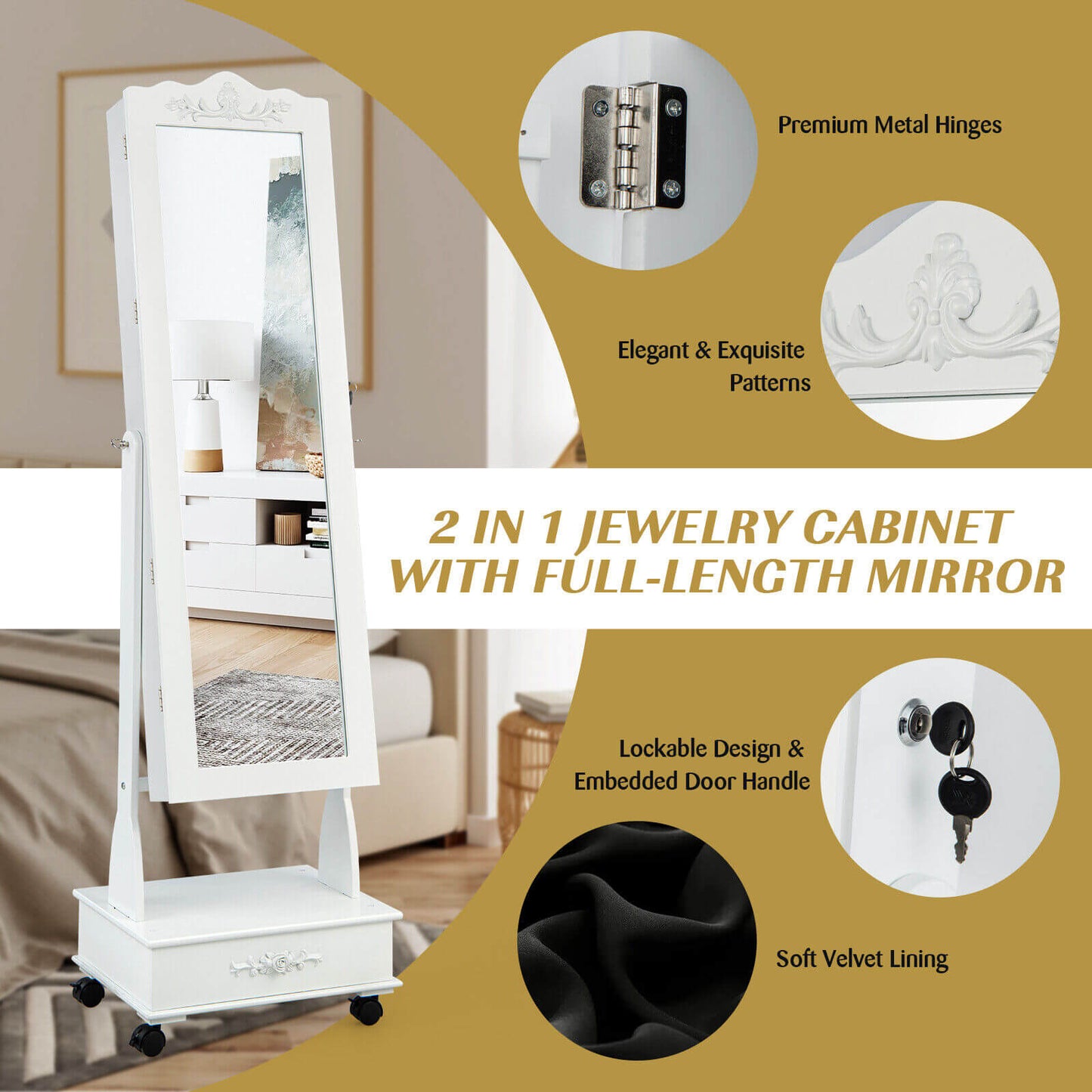 Rolling Mirrored Jewelry Armoire with LED Lights & Lock