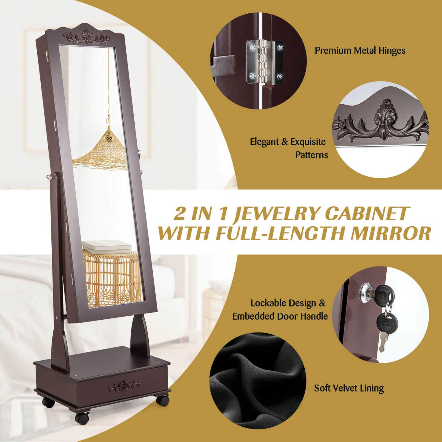 Rolling Mirrored Jewelry Armoire with LED Lights & Lock