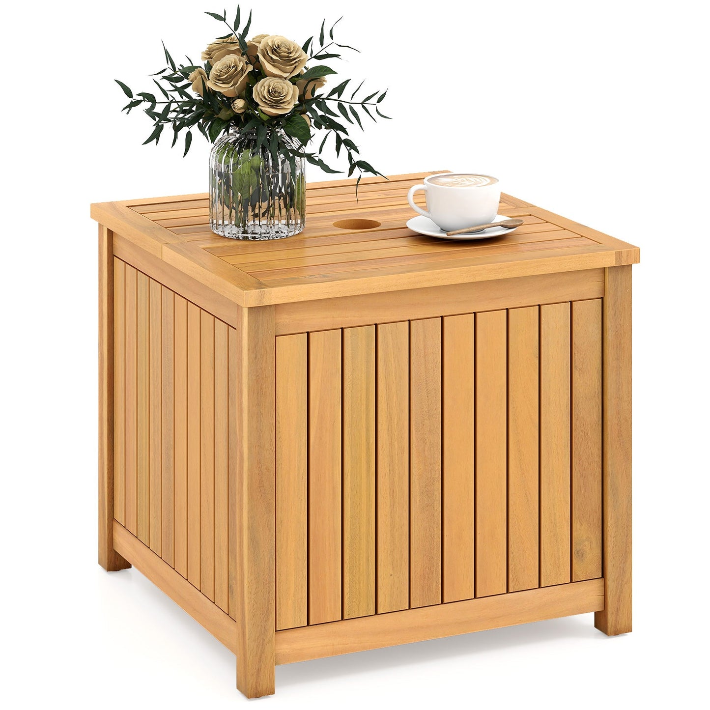 2-in-1 Outdoor Side Table with Storage Acacia Wood Slatted Coffee Table Square and Round Slatted End Storage Box