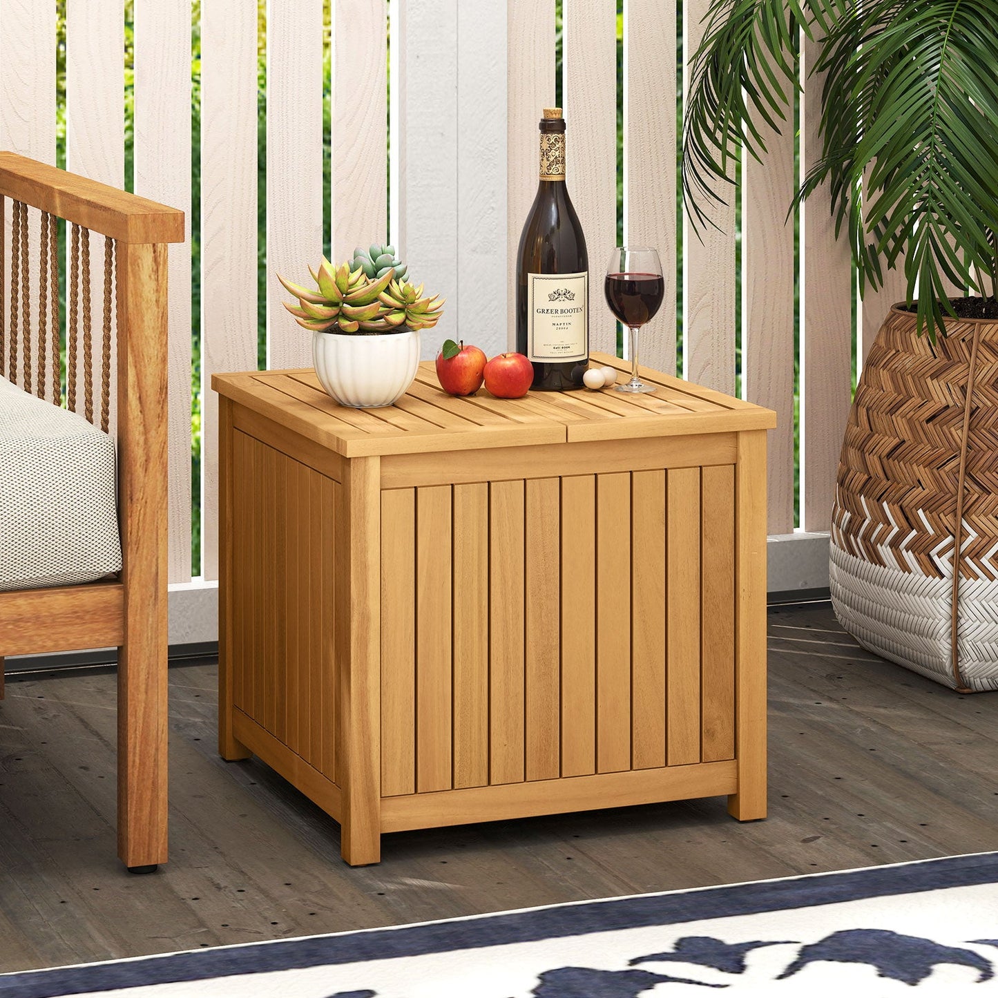 2-in-1 Outdoor Side Table with Storage Acacia Wood Slatted Coffee Table Square and Round Slatted End Storage Box