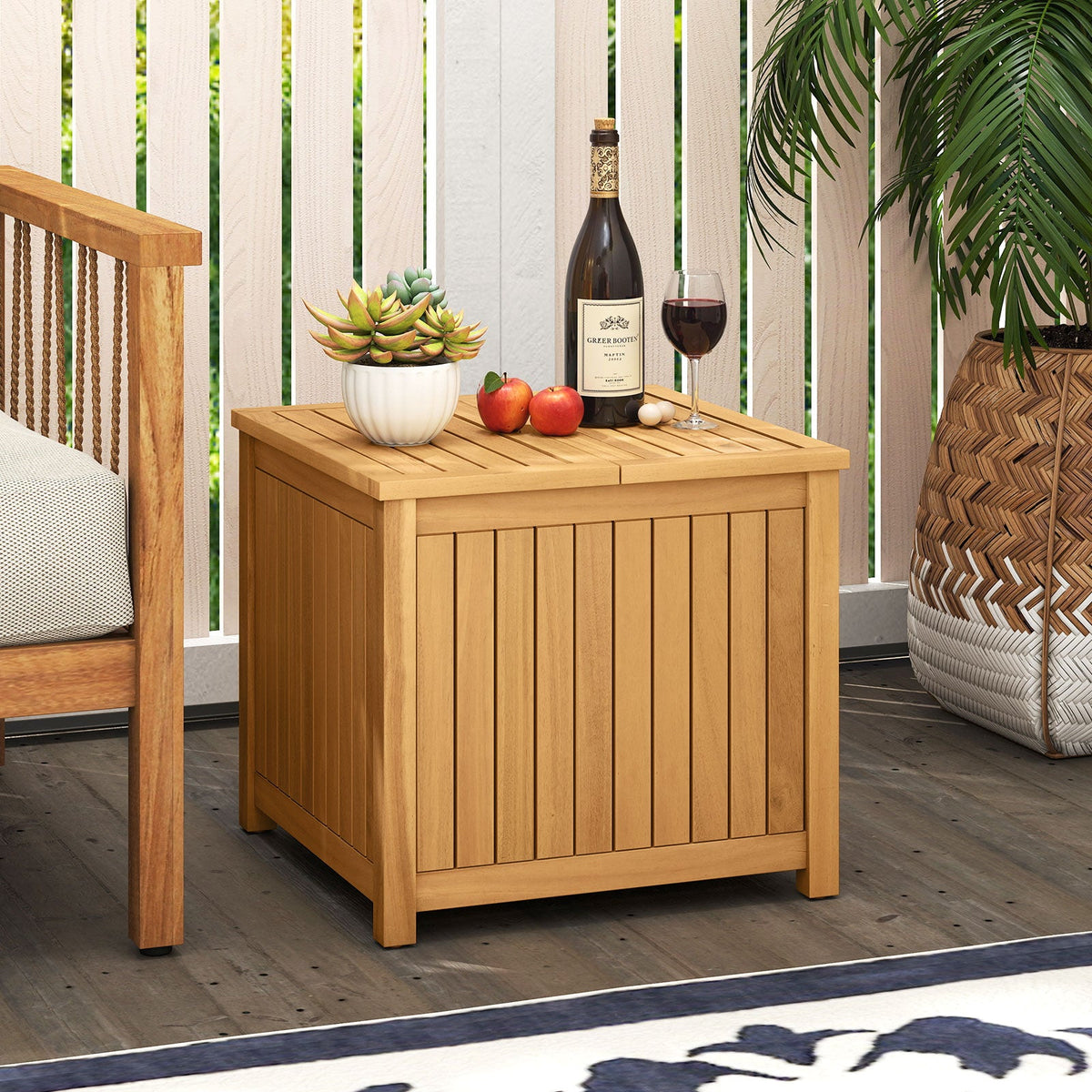 2-in-1 Outdoor Side Table with Storage Acacia Wood Slatted Coffee Table Square and Round Slatted End Storage Box