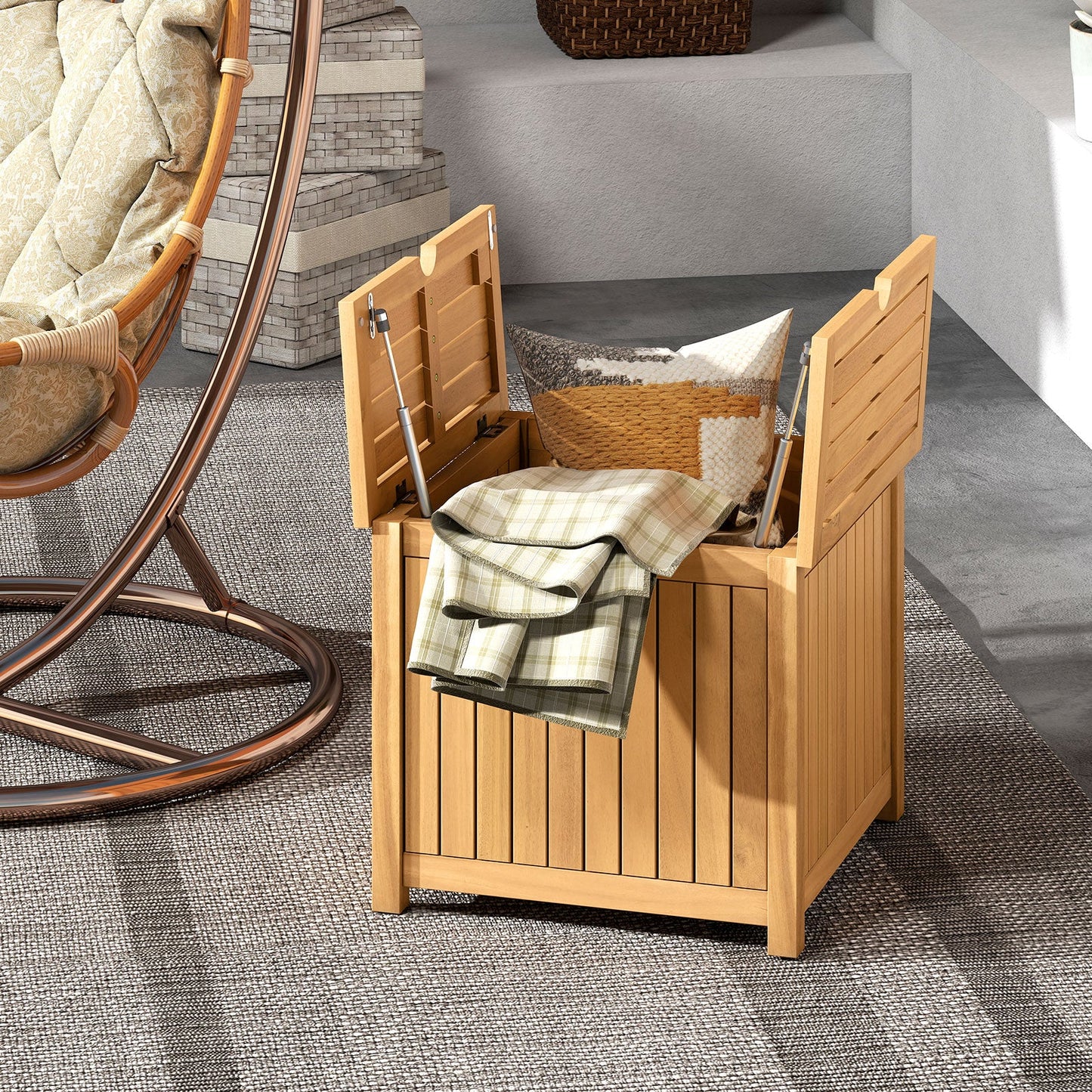 2-in-1 Outdoor Side Table with Storage Acacia Wood Slatted Coffee Table Square and Round Slatted End Storage Box