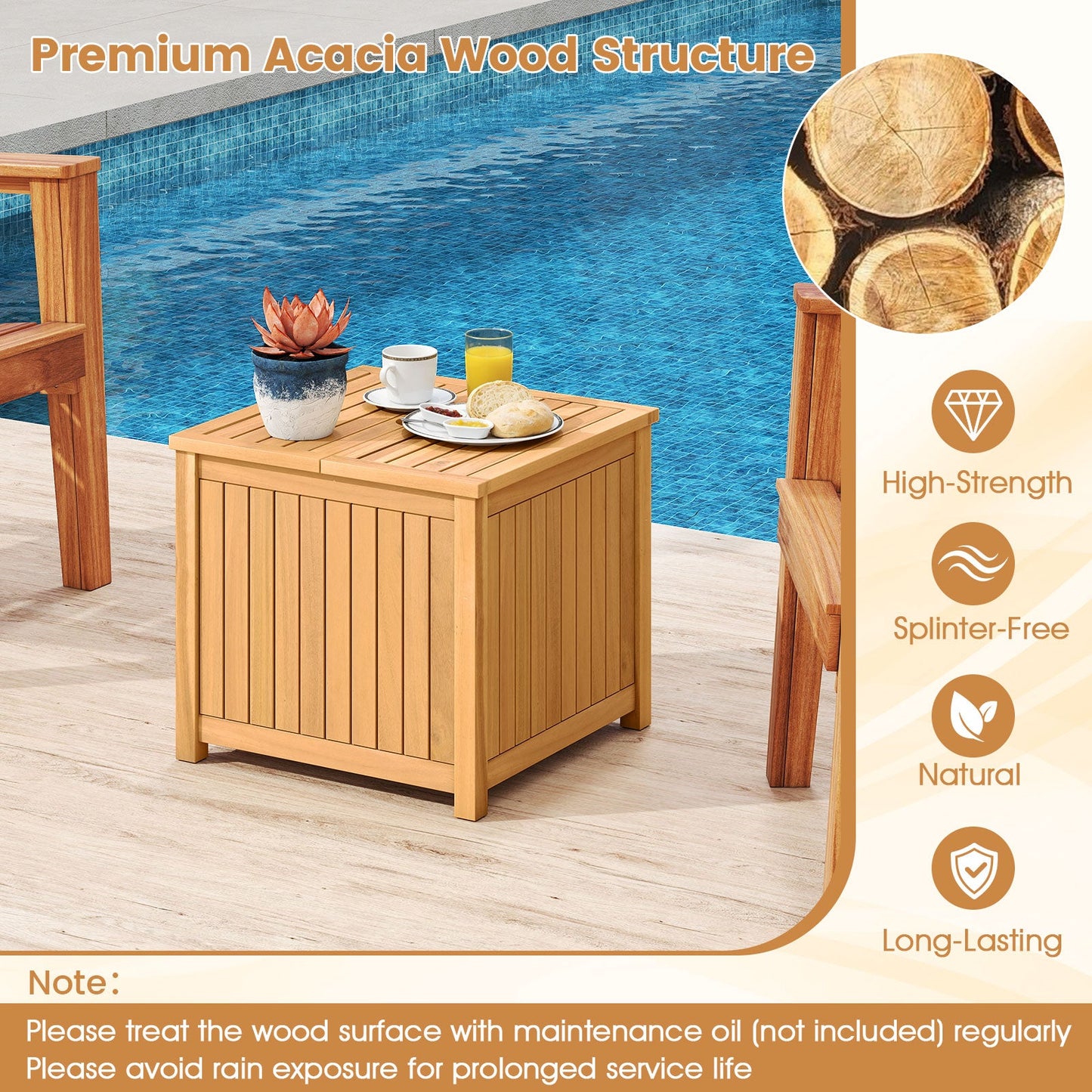 2-in-1 Outdoor Side Table with Storage Acacia Wood Slatted Coffee Table Square and Round Slatted End Storage Box