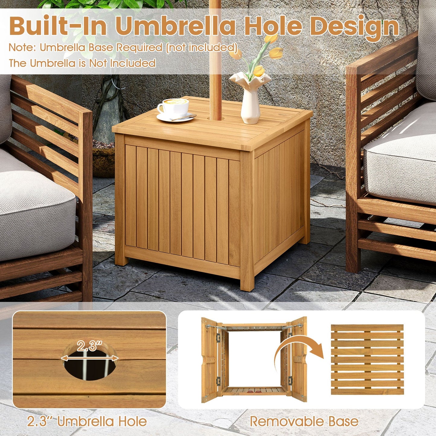 2-in-1 Outdoor Side Table with Storage Acacia Wood Slatted Coffee Table Square and Round Slatted End Storage Box