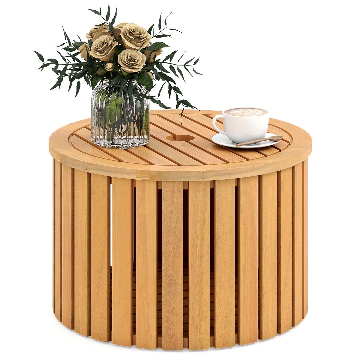 2-in-1 Outdoor Side Table with Storage Acacia Wood Slatted Coffee Table Square and Round Slatted End Storage Box