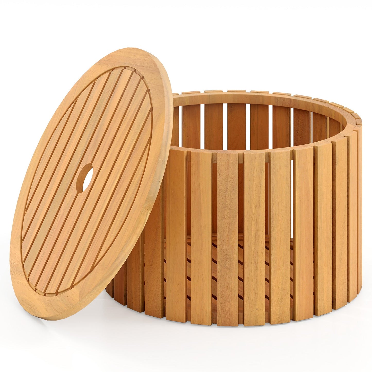 2-in-1 Outdoor Side Table with Storage Acacia Wood Slatted Coffee Table Square and Round Slatted End Storage Box