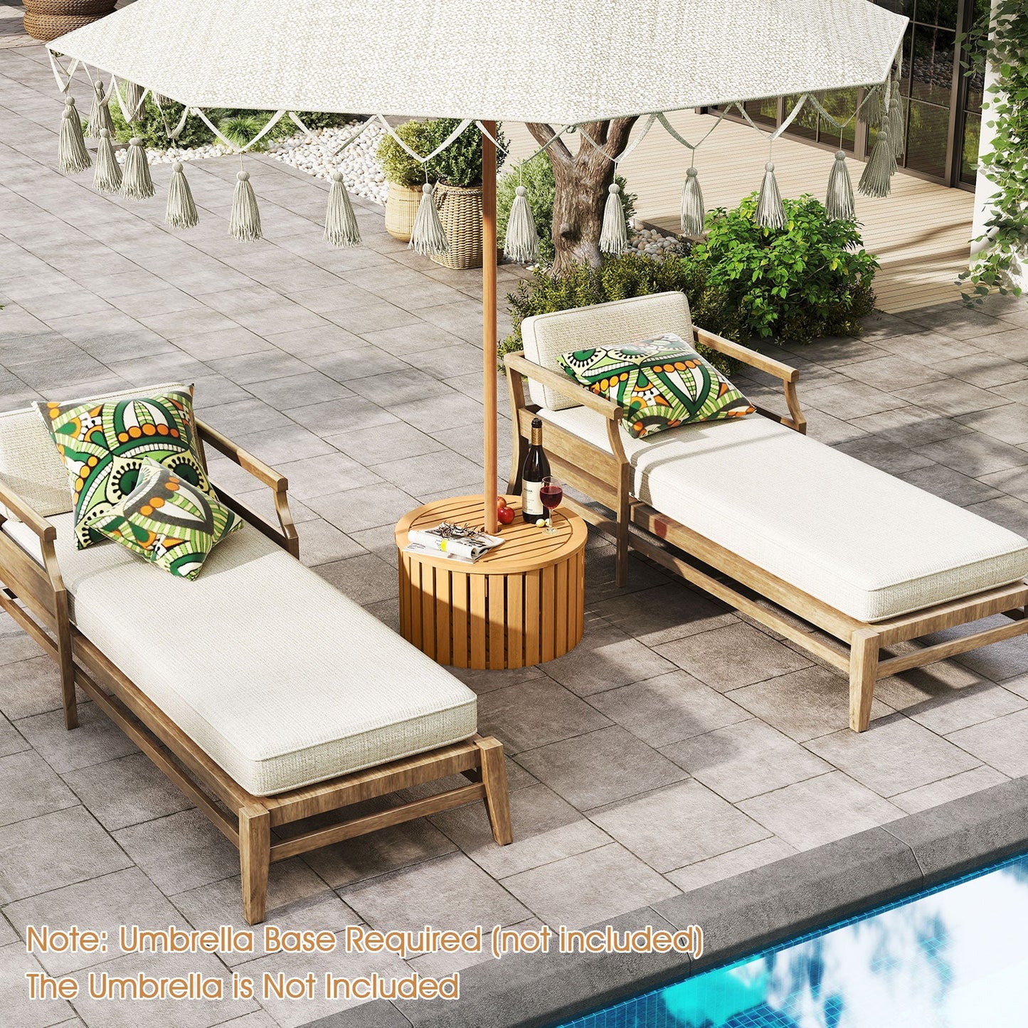 2-in-1 Outdoor Side Table with Storage Acacia Wood Slatted Coffee Table Square and Round Slatted End Storage Box