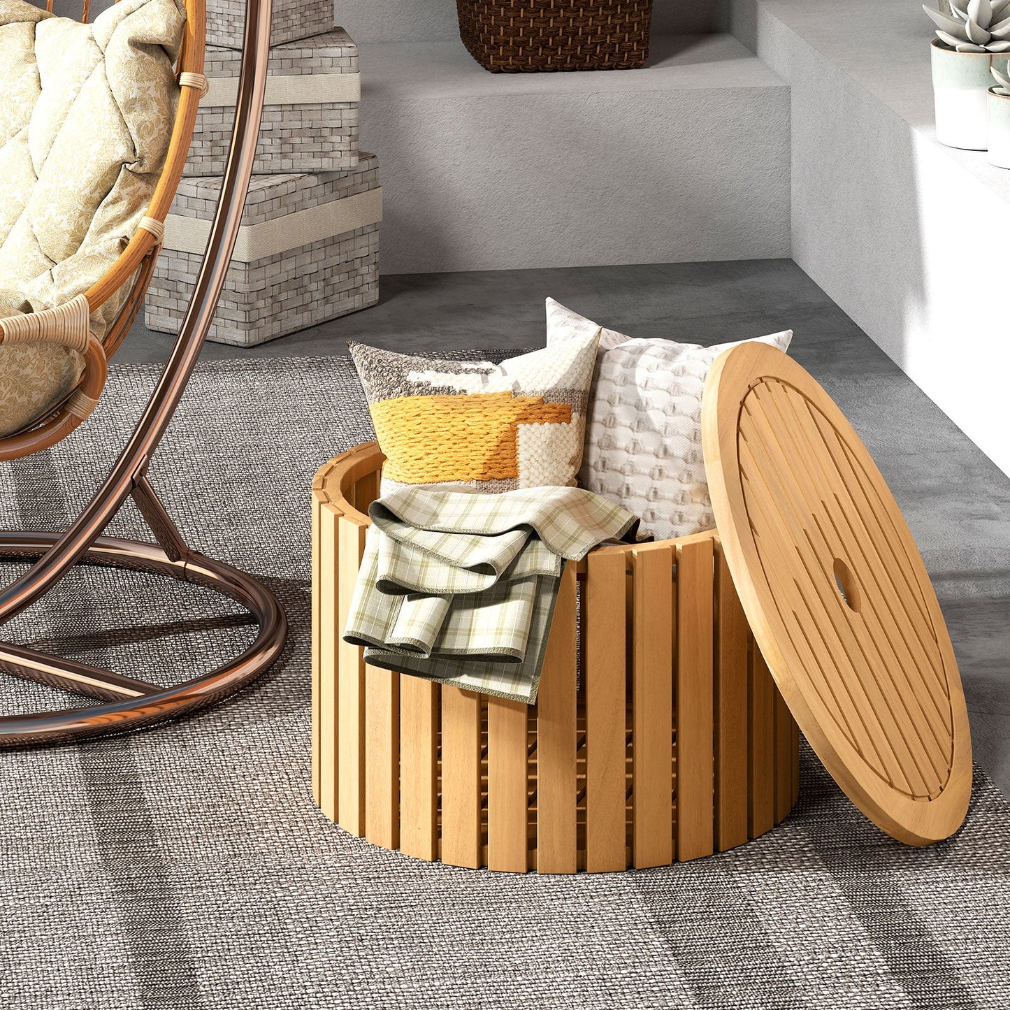 2-in-1 Outdoor Side Table with Storage Acacia Wood Slatted Coffee Table Square and Round Slatted End Storage Box