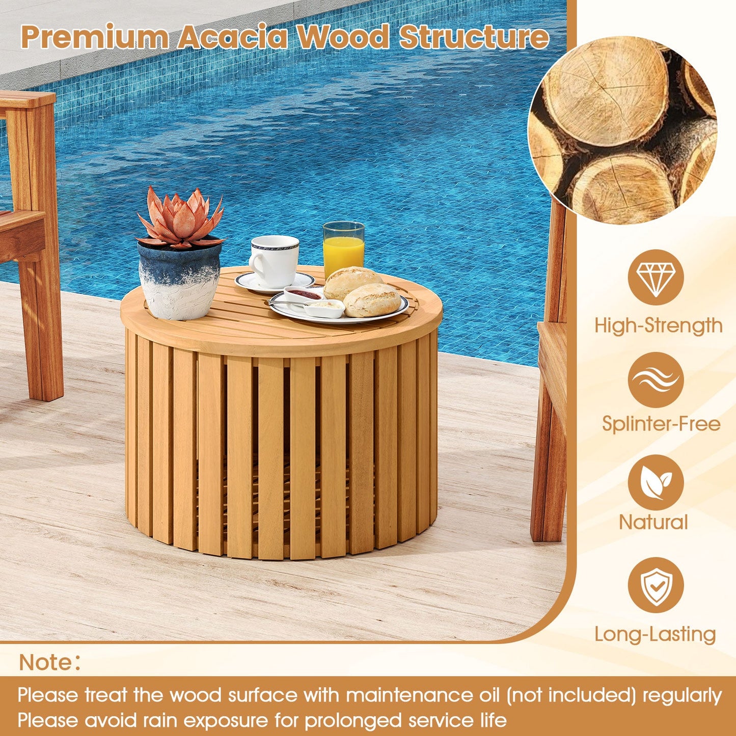 2-in-1 Outdoor Side Table with Storage Acacia Wood Slatted Coffee Table Square and Round Slatted End Storage Box