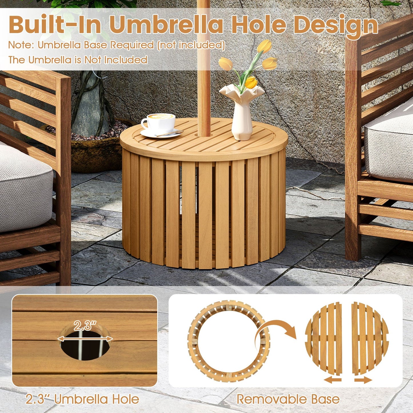 2-in-1 Outdoor Side Table with Storage Acacia Wood Slatted Coffee Table Square and Round Slatted End Storage Box