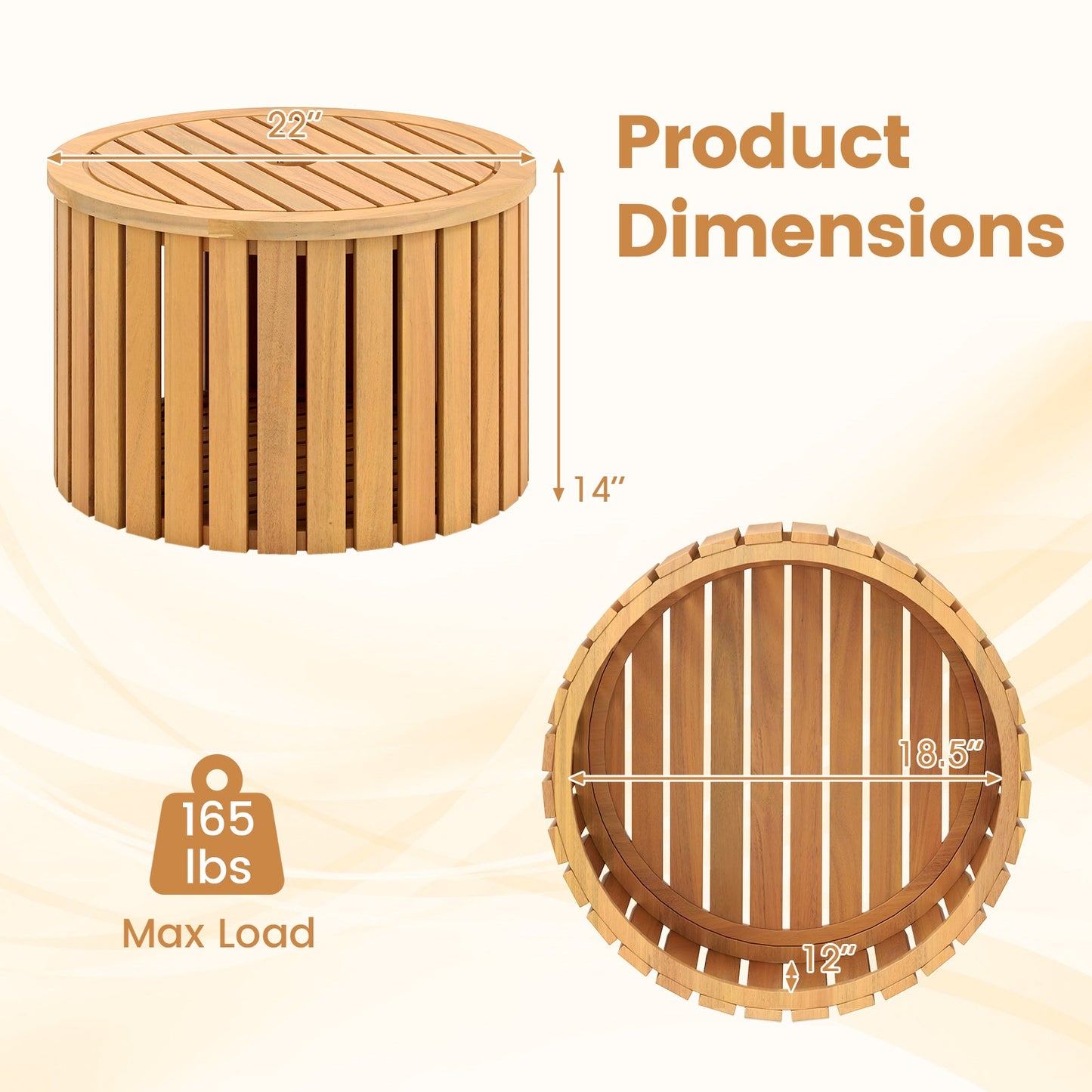2-in-1 Outdoor Side Table with Storage Acacia Wood Slatted Coffee Table Square and Round Slatted End Storage Box