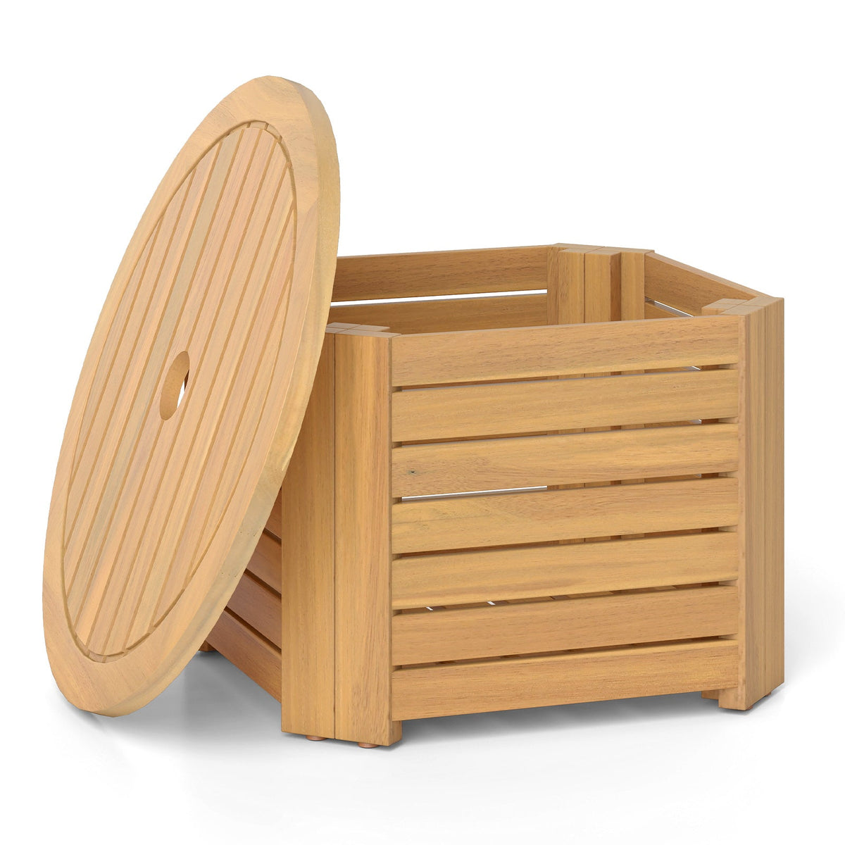 2-in-1 Outdoor Side Table with Storage Acacia Wood Slatted Coffee Table Square and Round Slatted End Storage Box