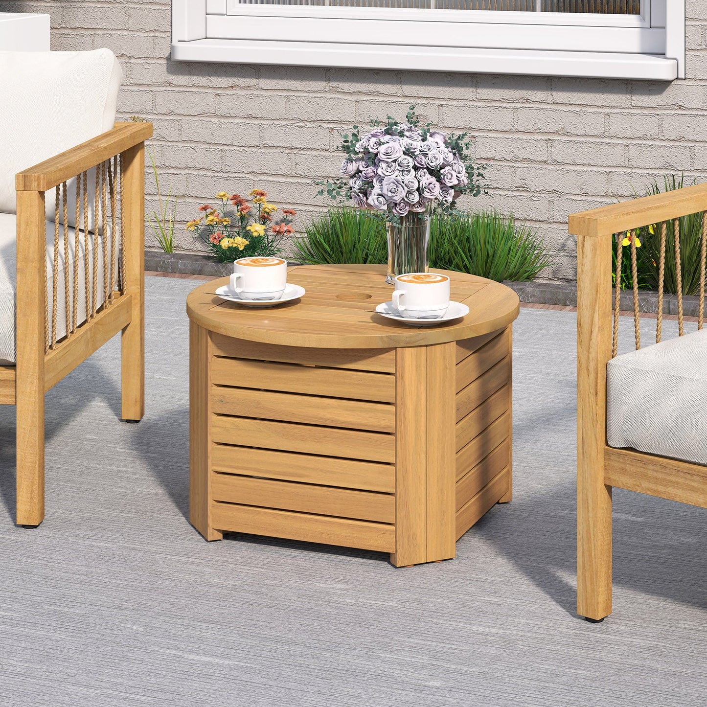 2-in-1 Outdoor Side Table with Storage Acacia Wood Slatted Coffee Table Square and Round Slatted End Storage Box