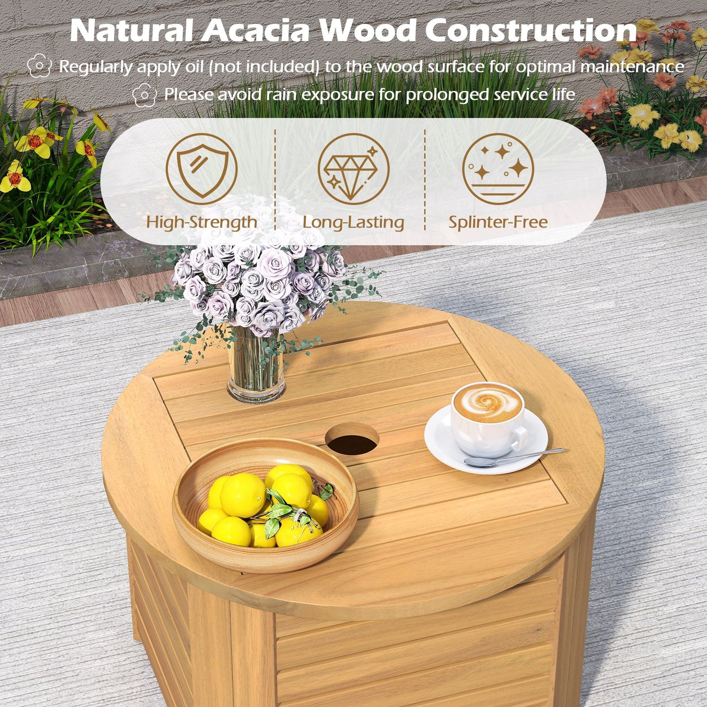 2-in-1 Outdoor Side Table with Storage Acacia Wood Slatted Coffee Table Square and Round Slatted End Storage Box