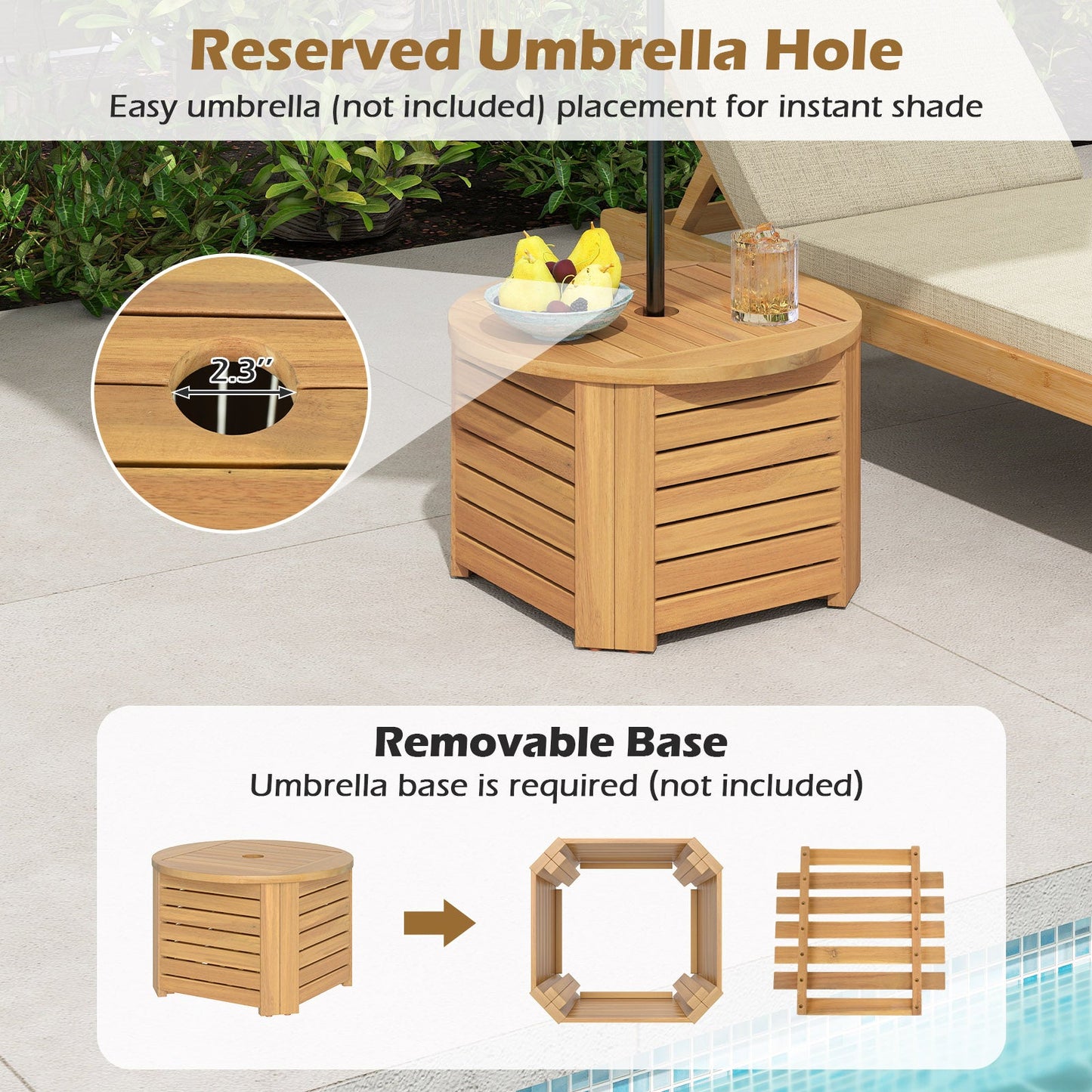 2-in-1 Outdoor Side Table with Storage Acacia Wood Slatted Coffee Table Square and Round Slatted End Storage Box