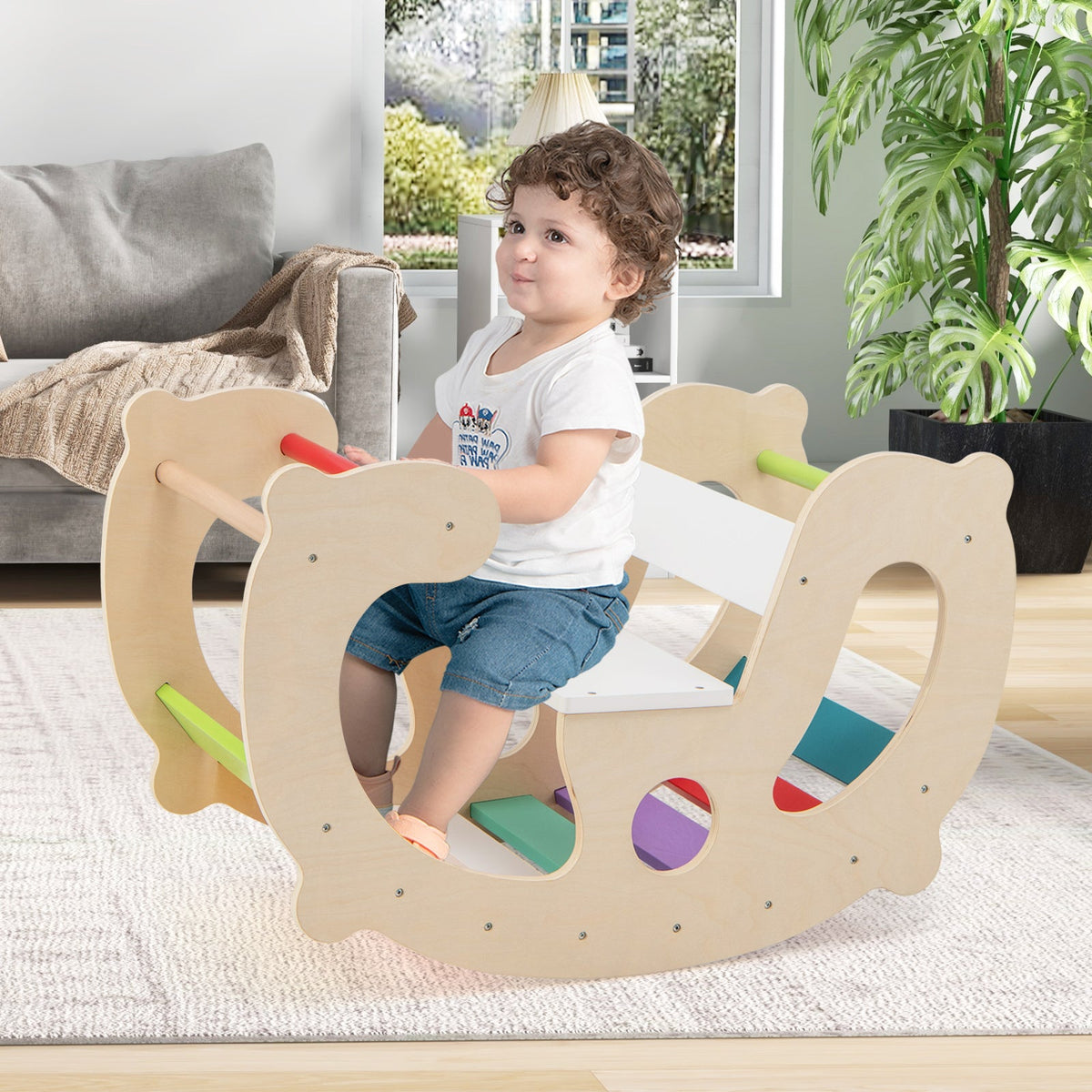 2-in-1 Rocking Horse Arch for Kids Montessori Climbing Toys with Arch Climber