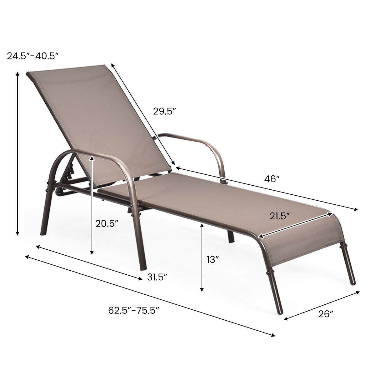 Outdoor Chaise Lounge Chairs Set of 2 with Adjustable Backrest