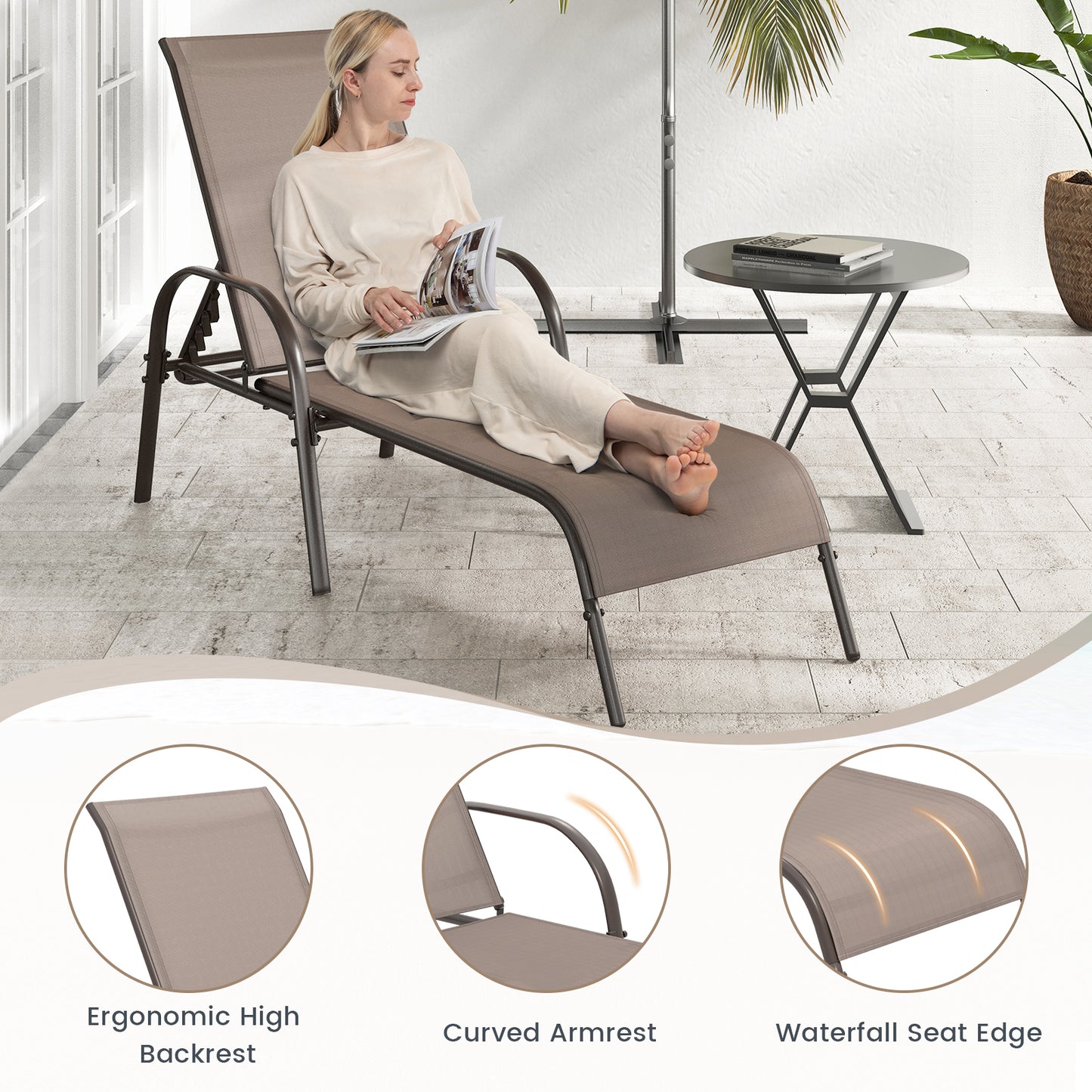 Outdoor Chaise Lounge Chairs Set of 2 with Adjustable Backrest