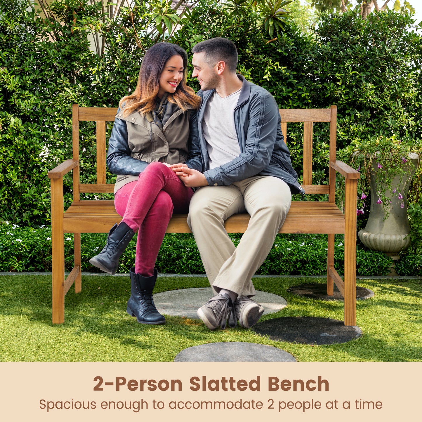Acacia Wood Outdoor Bench with Backrest for 2 People