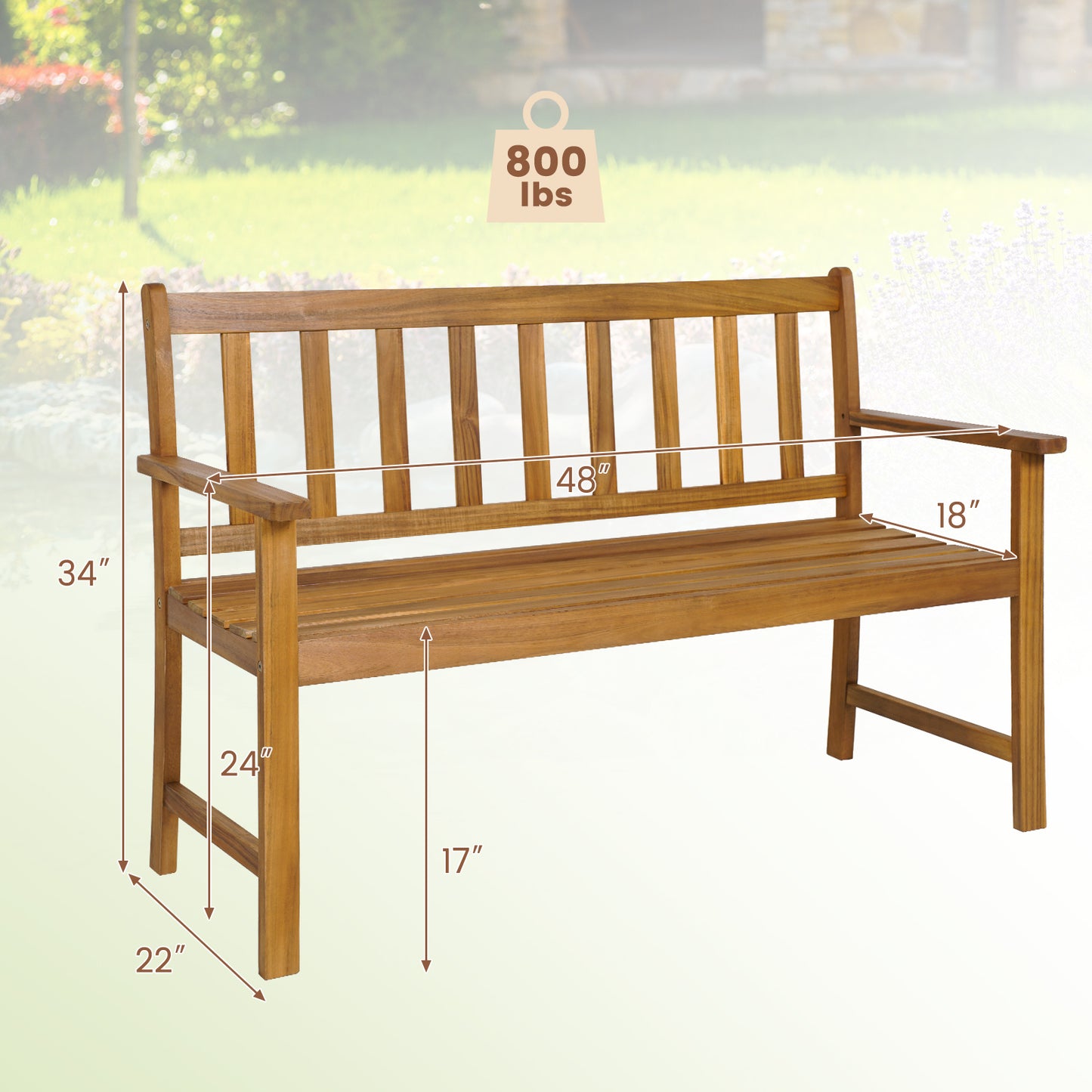 Acacia Wood Outdoor Bench with Backrest for 2 People