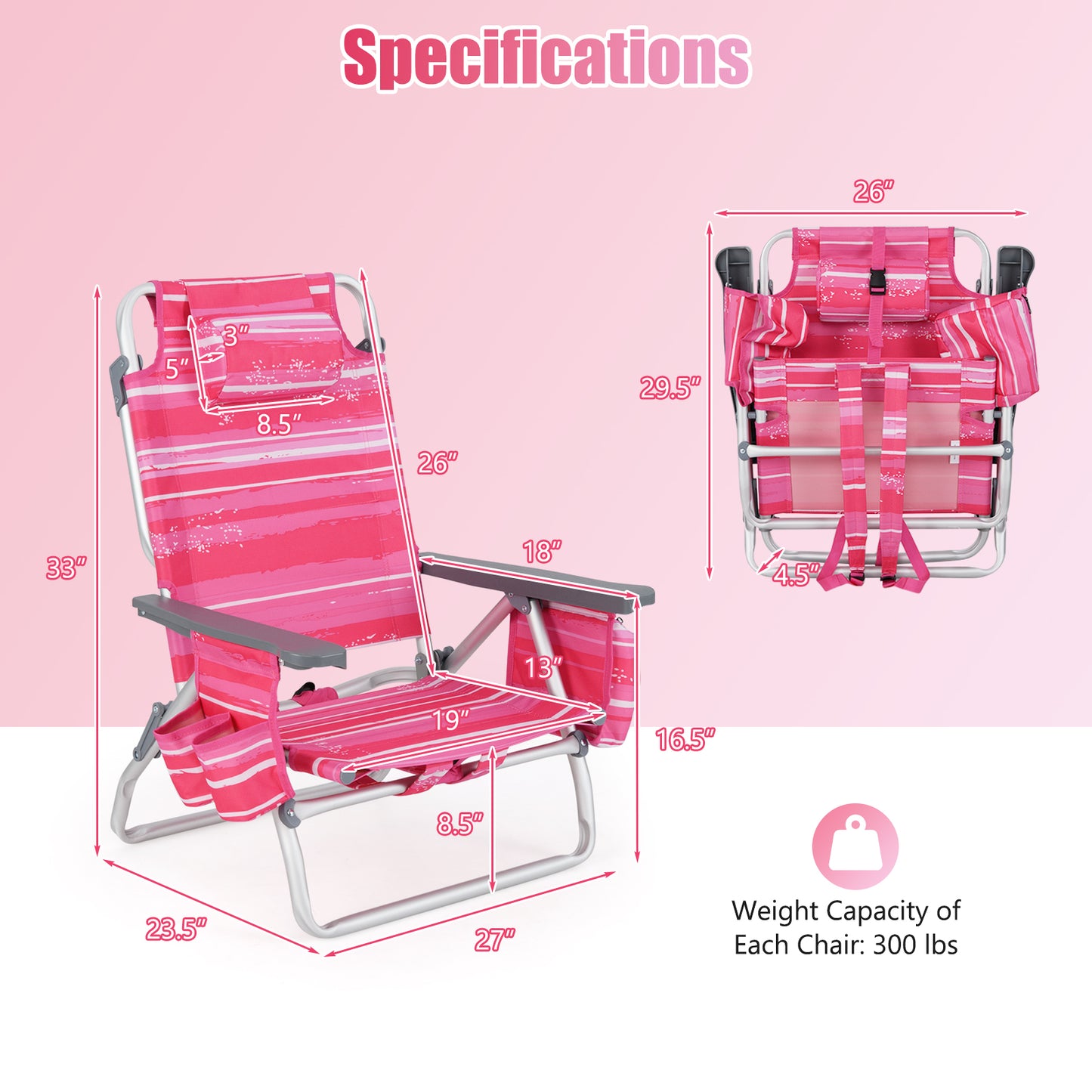 Folding Beach Chair 2-Pack with 5-Position Backrest & Pillow