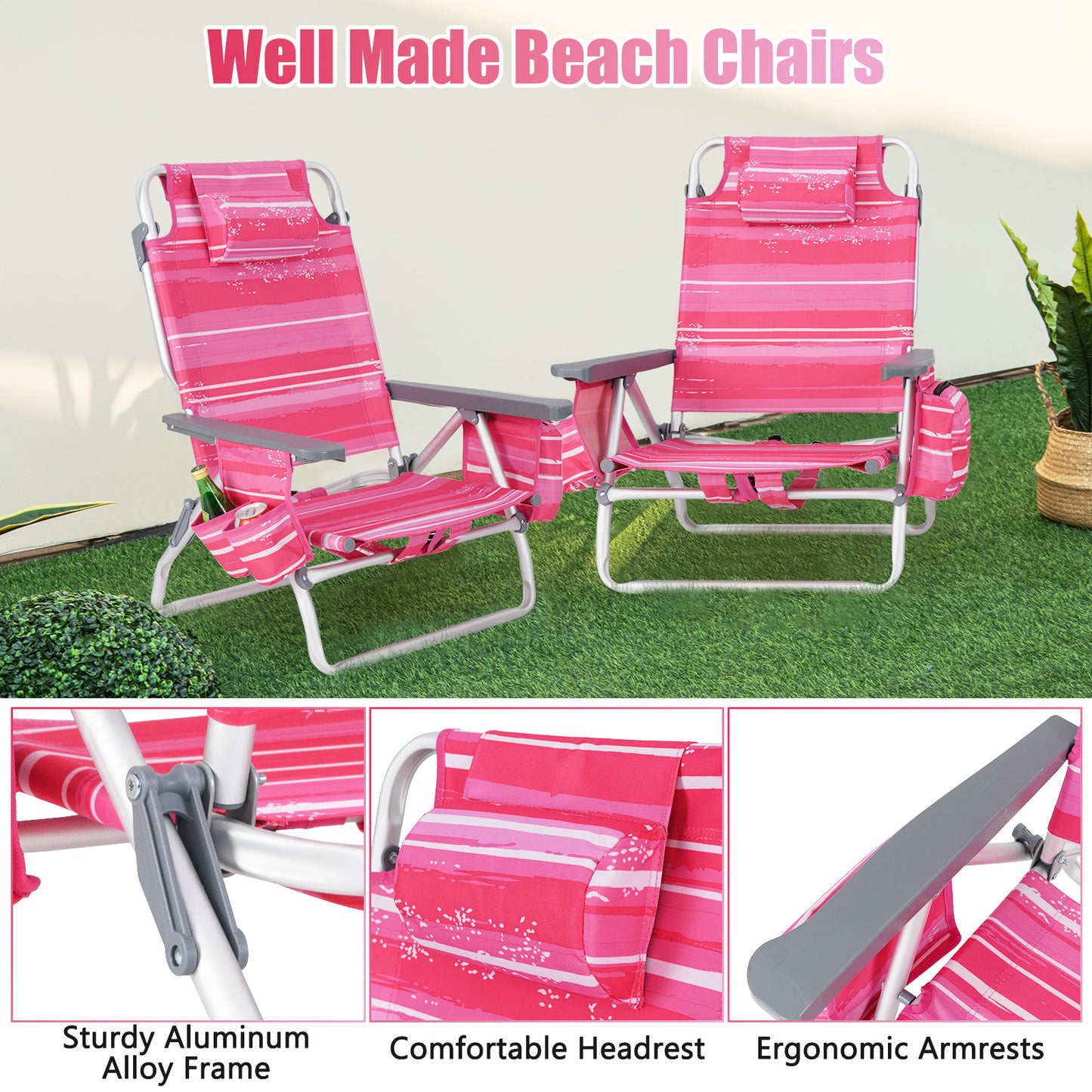 Folding Beach Chair 2-Pack with 5-Position Backrest & Pillow