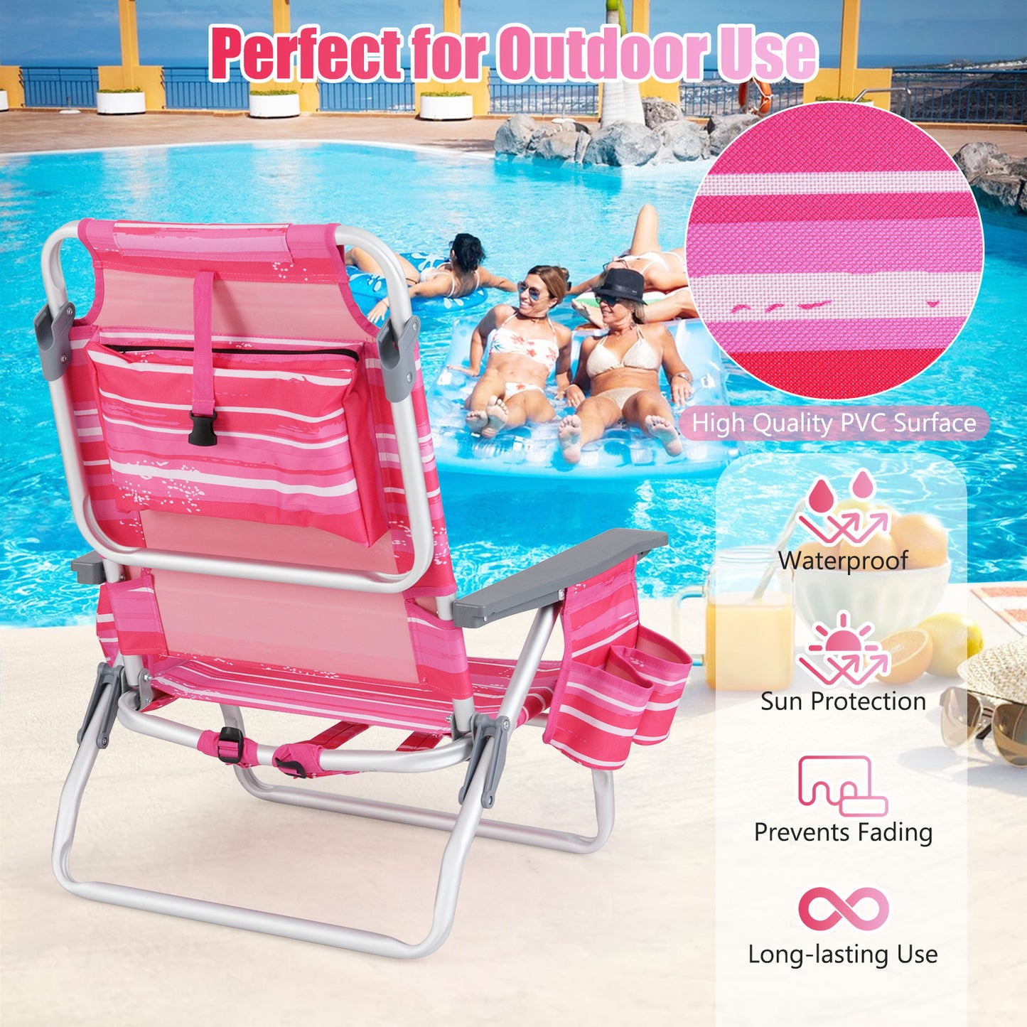 Folding Beach Chair 2-Pack with 5-Position Backrest & Pillow