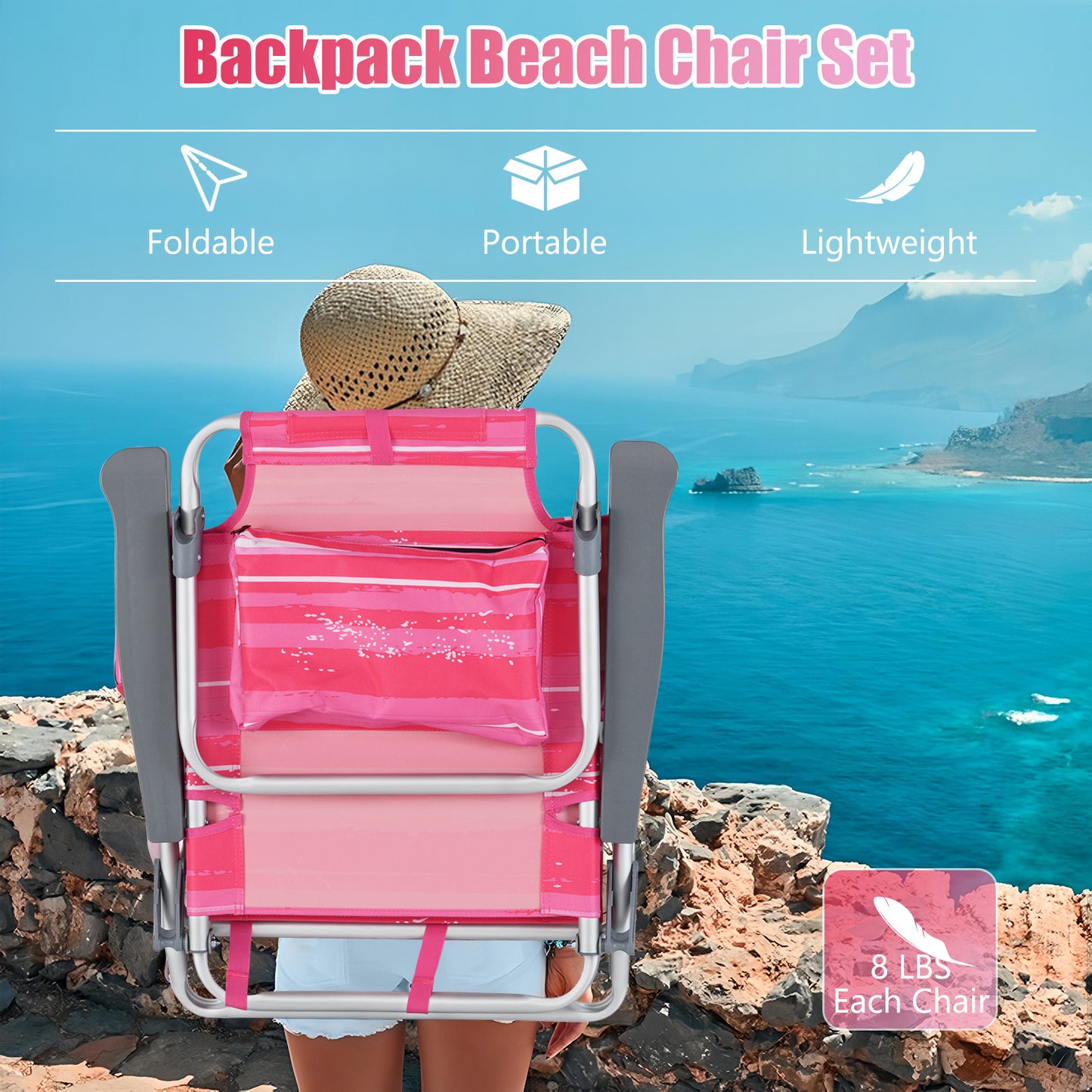 Folding Beach Chair 2-Pack with 5-Position Backrest & Pillow