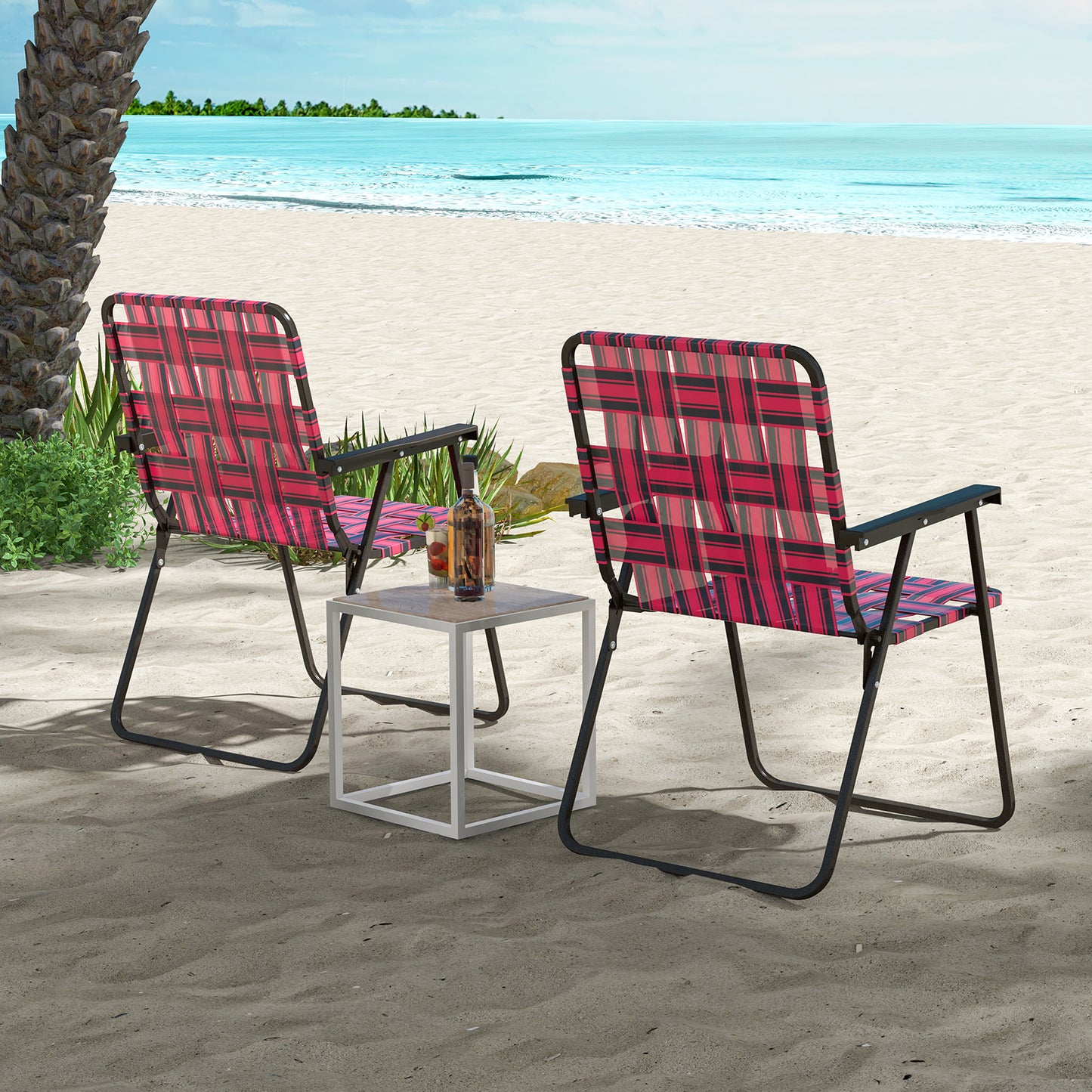 Folding Beach Chair with Steel Frame and Webbing - 2 Pack