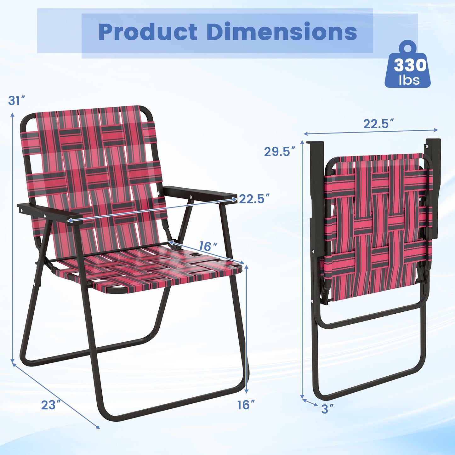 Folding Beach Chair with Steel Frame and Webbing - 2 Pack