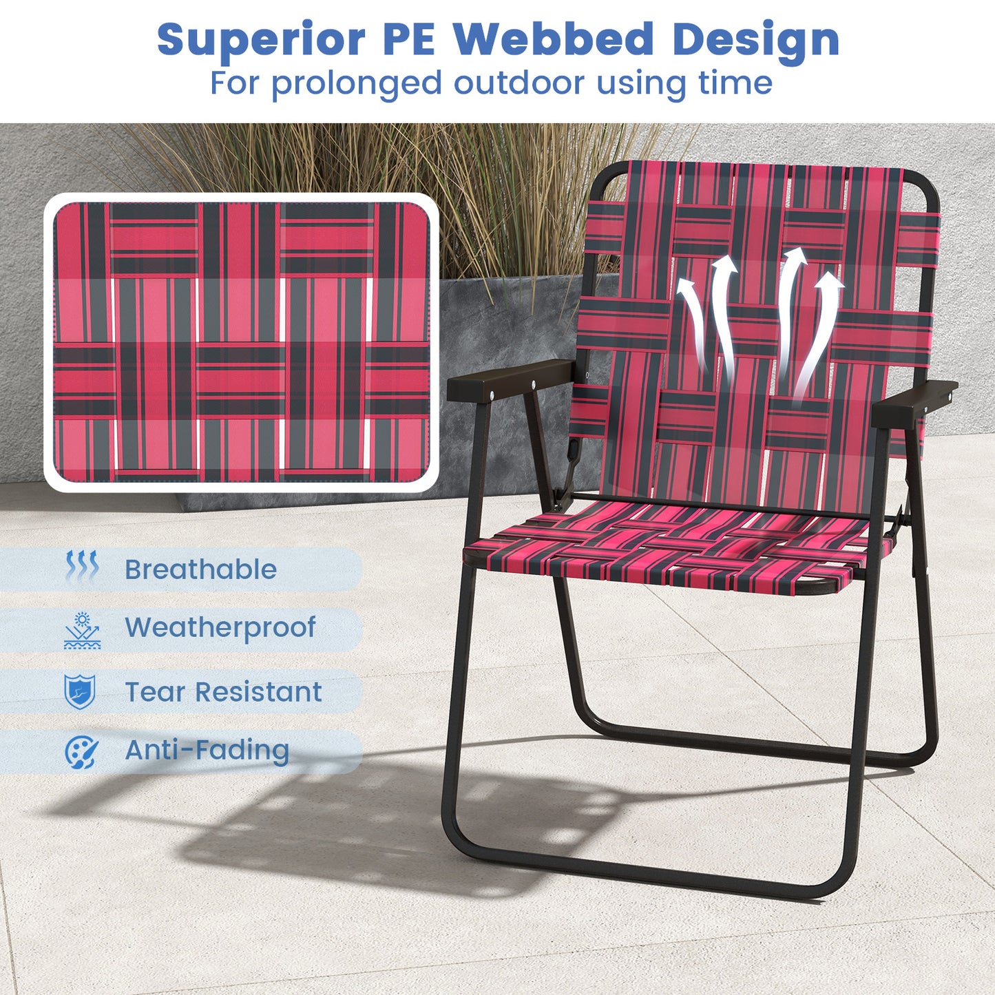 Folding Beach Chair with Steel Frame and Webbing - 2 Pack