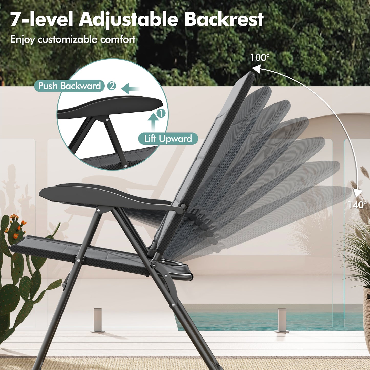 Folding Patio Chairs with 7-Position Adjustable Backrest, Set of 2